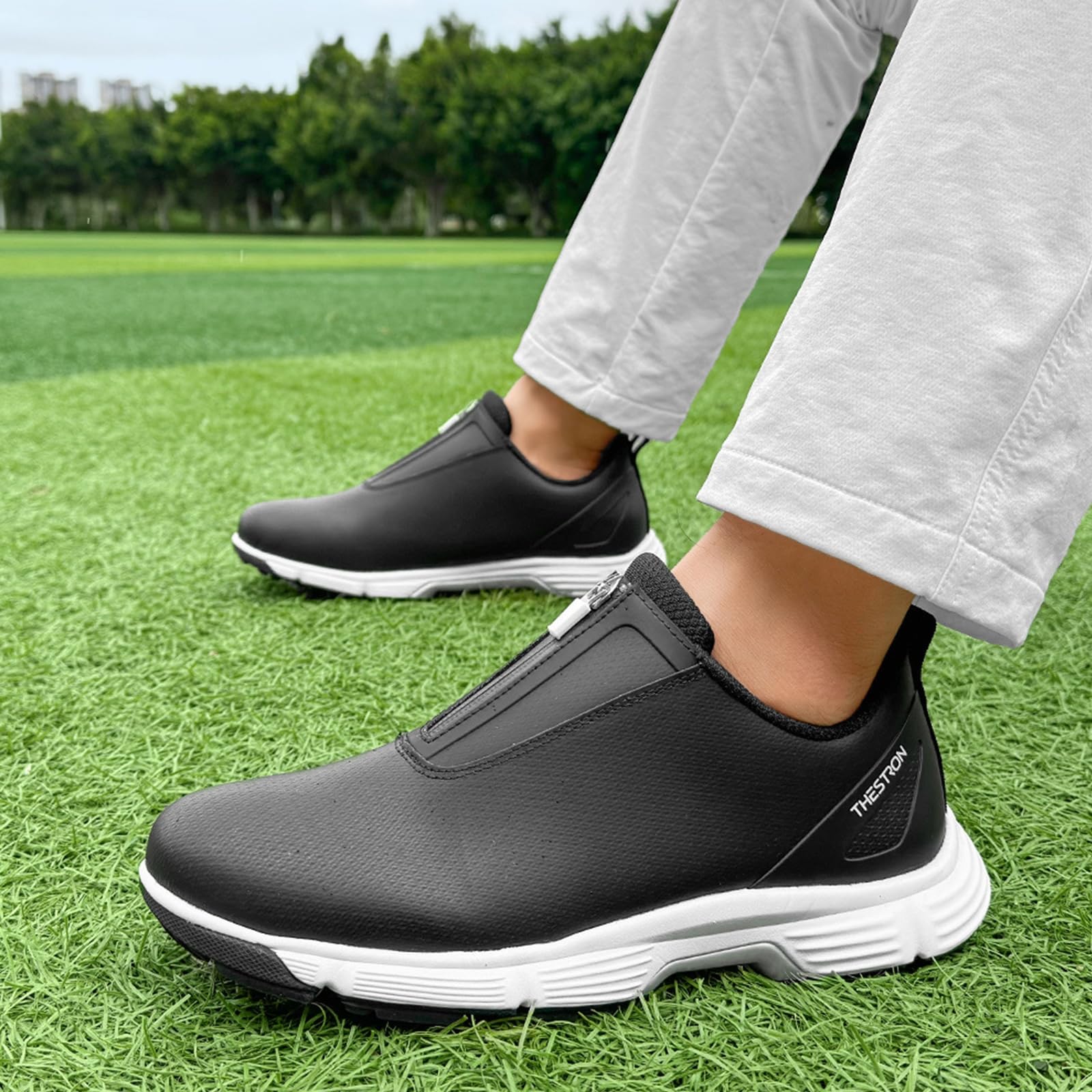 Zapatos de Golf Cuero para Mujer Impermeables Zapatos de Golfs sin Clavos Transpirables con Cremallera Exteriores