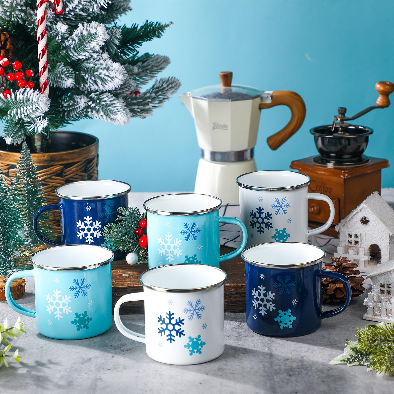 Baderke Emaille-Tassen-Set für den Winter, 325 ml, Schneeflocke, Weihnachten, Emaille-Tassen, blau und weiß, Schneeflocken-Trinkbecher mit Griffen, für heiße Schokolade, Urlaub, Party, Geschenkzubehör