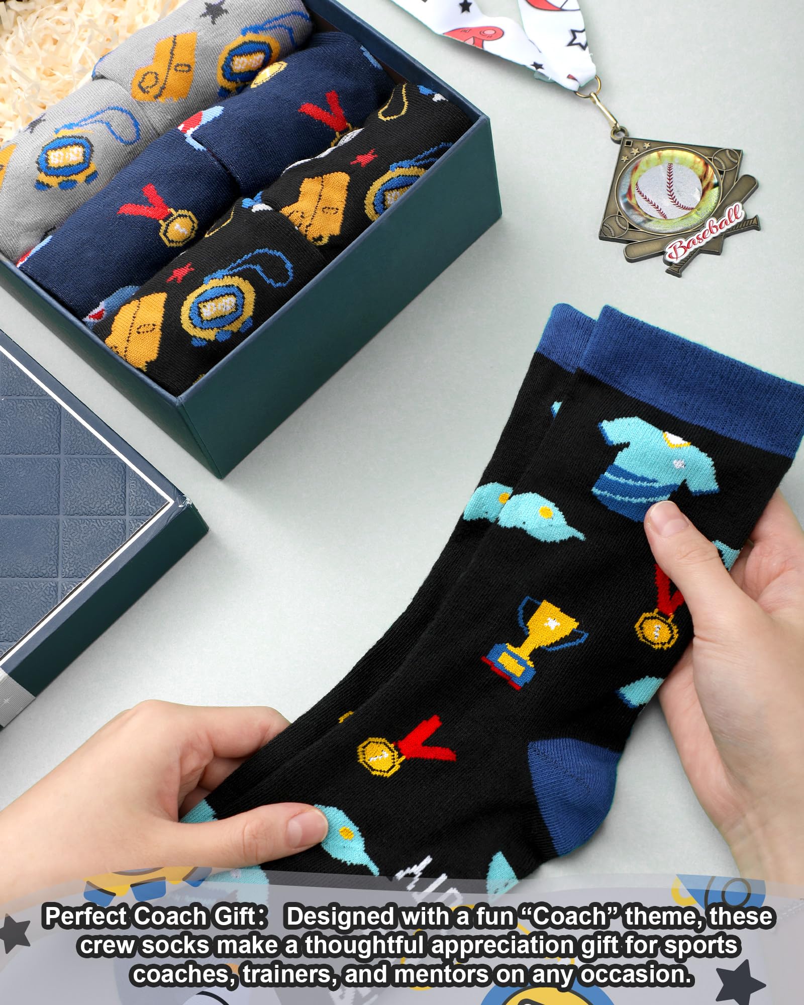 Ramede 4 Pairs Best Coach Socks for Men Funny Casual Cotton Crew Socks Coach Appreciation Gifts for Sports Coaches, Senior Night Team Party Favors
