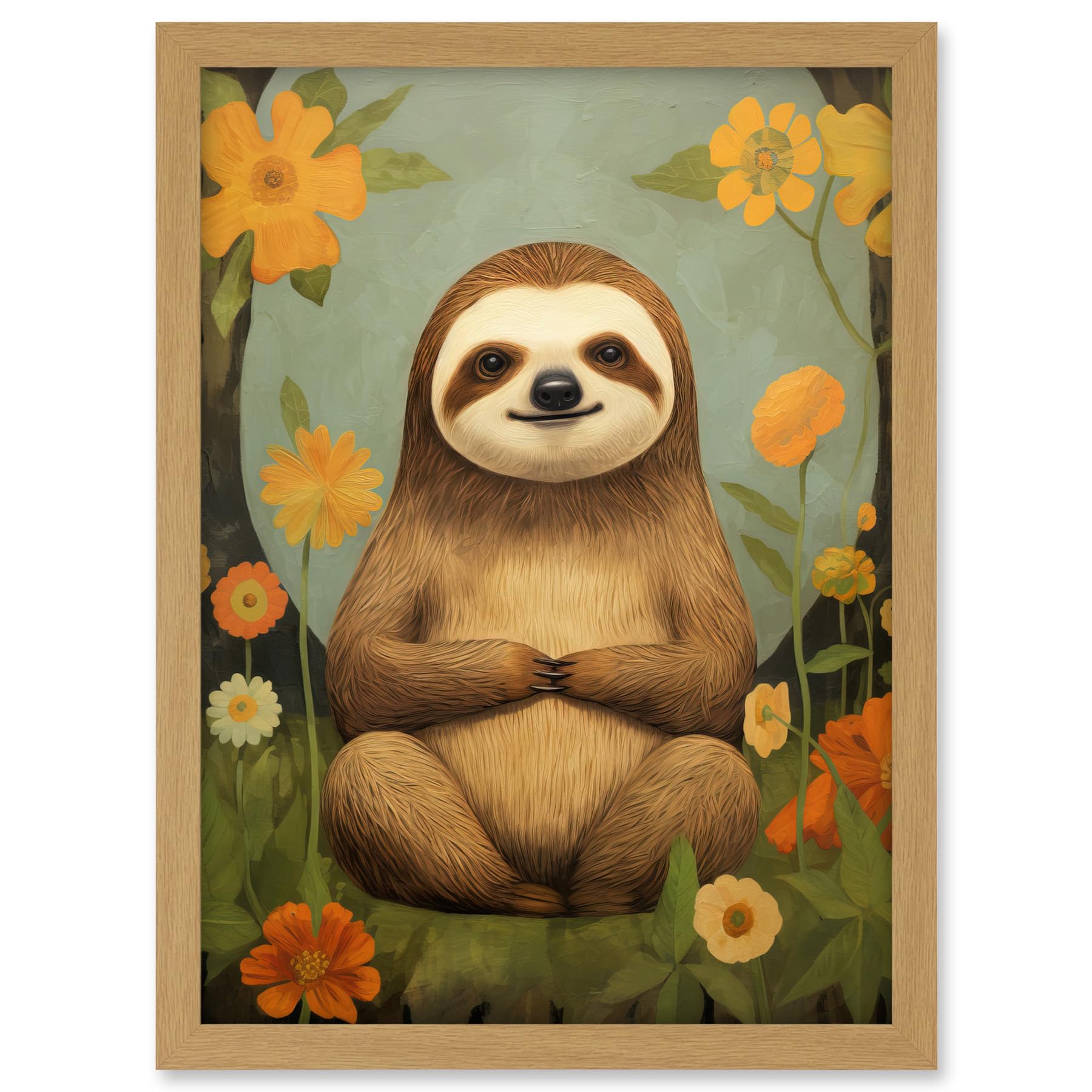 Artery8 Smiling Sloth Meditating in Forest Flowers Kids Bedroom Artwork Framed A3 Wall Art Print