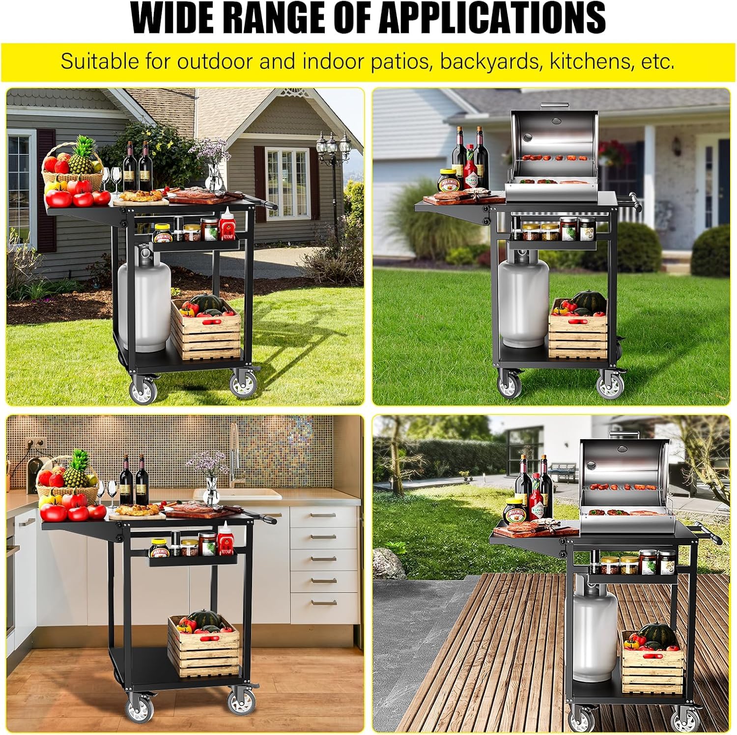 VELPAX Carrello Barbecue, Carrello di Servizio con Pannello Laterale Pieghevole, 87 x 62 x 89 cm Tavolo da Barbecue con Ripiani Regolabili, Ruote, Maniglia per Casa Cortile Patio e Giardino