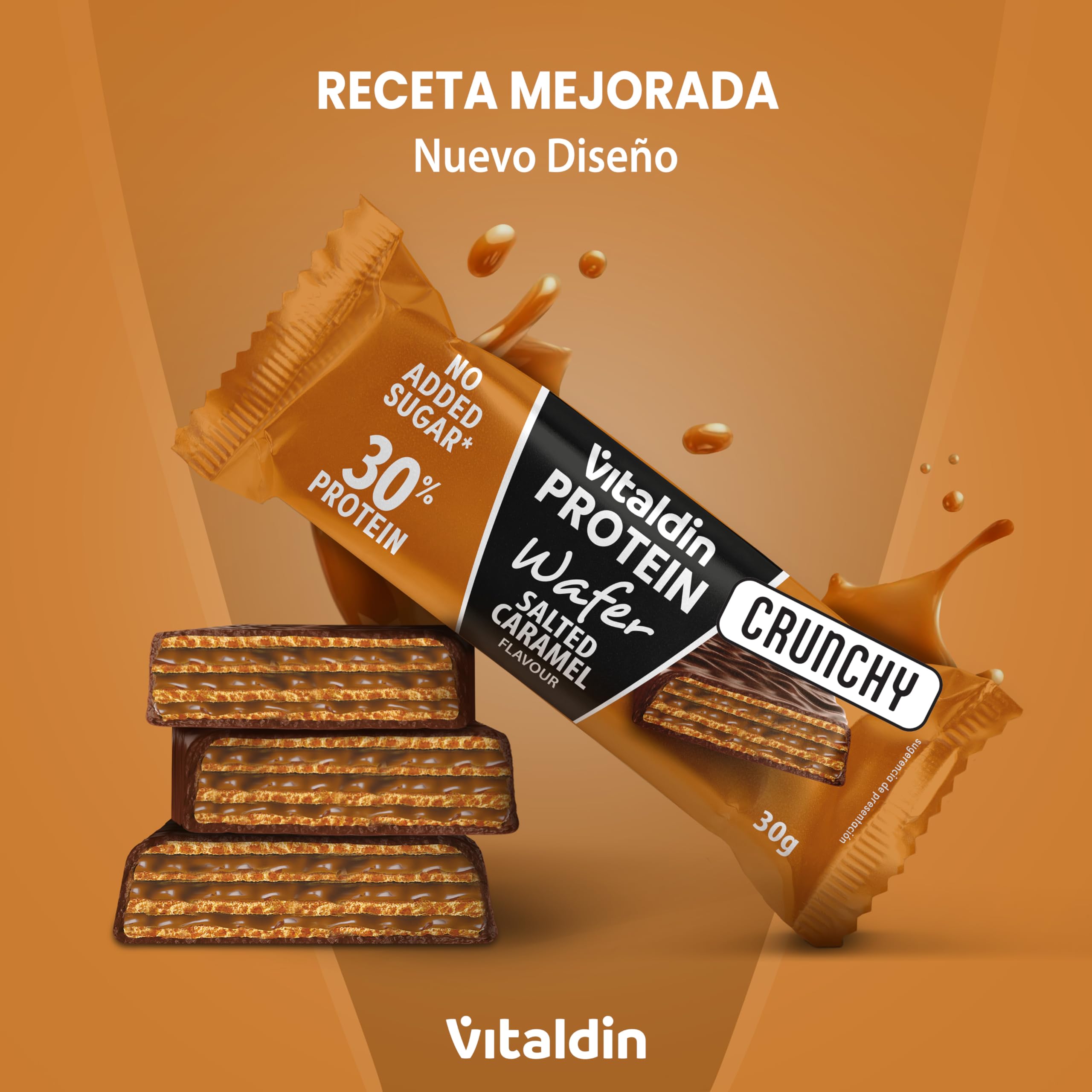 VITALDIN Protein Wafer 30% Caramelo salado| Alto Contenido en Proteína sin Azúcares Añadidos| Colágeno Hidrolizado| Contenido Reducido de Carbohidratos|Barritas Proteicas barquillo con oblea Saludable