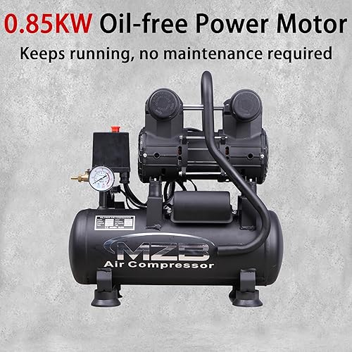 Miniatura 2 de MZB - Compresor de aire ultra silencioso de 2.4 galones, 110 V60 Hz, 1.0 HP 5.65 CFM, tanques de acero MAX 115PSI, sin aceite, 72dB, nivel de ruido,