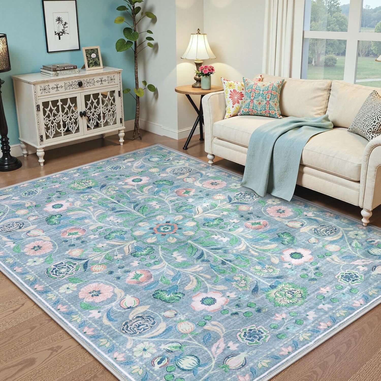 Anidaroel Blue Floral Rugs for Living Room 8x10, Washable Boho Area Rugs for Bedroom Vintage Soft Nursery Rug, Non-Slip Stain Resistant Dining Room Mat Carpet for Kids Playroom Office Blue 8'x10‘