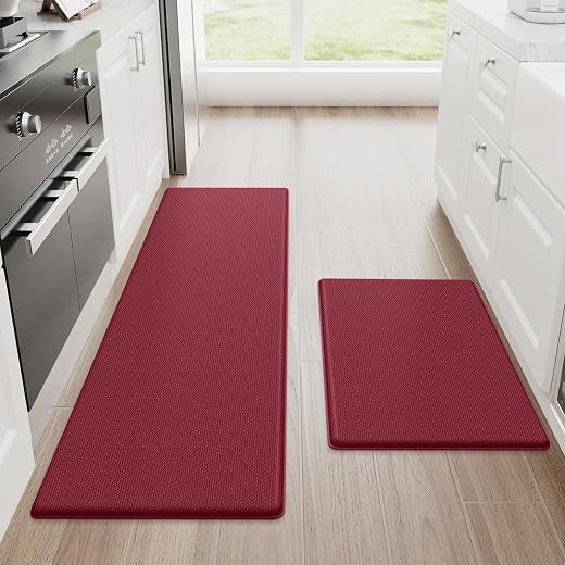StepRite Kitchen Mats for Floor, 2-Piece Anti-Fatigue Rugs, Burgundy | 17.3" x 30" + 17.3" x 47", cushioned comfort, water-resistant, easy to clean, non-slip bottom, kitchen floor, standing desk