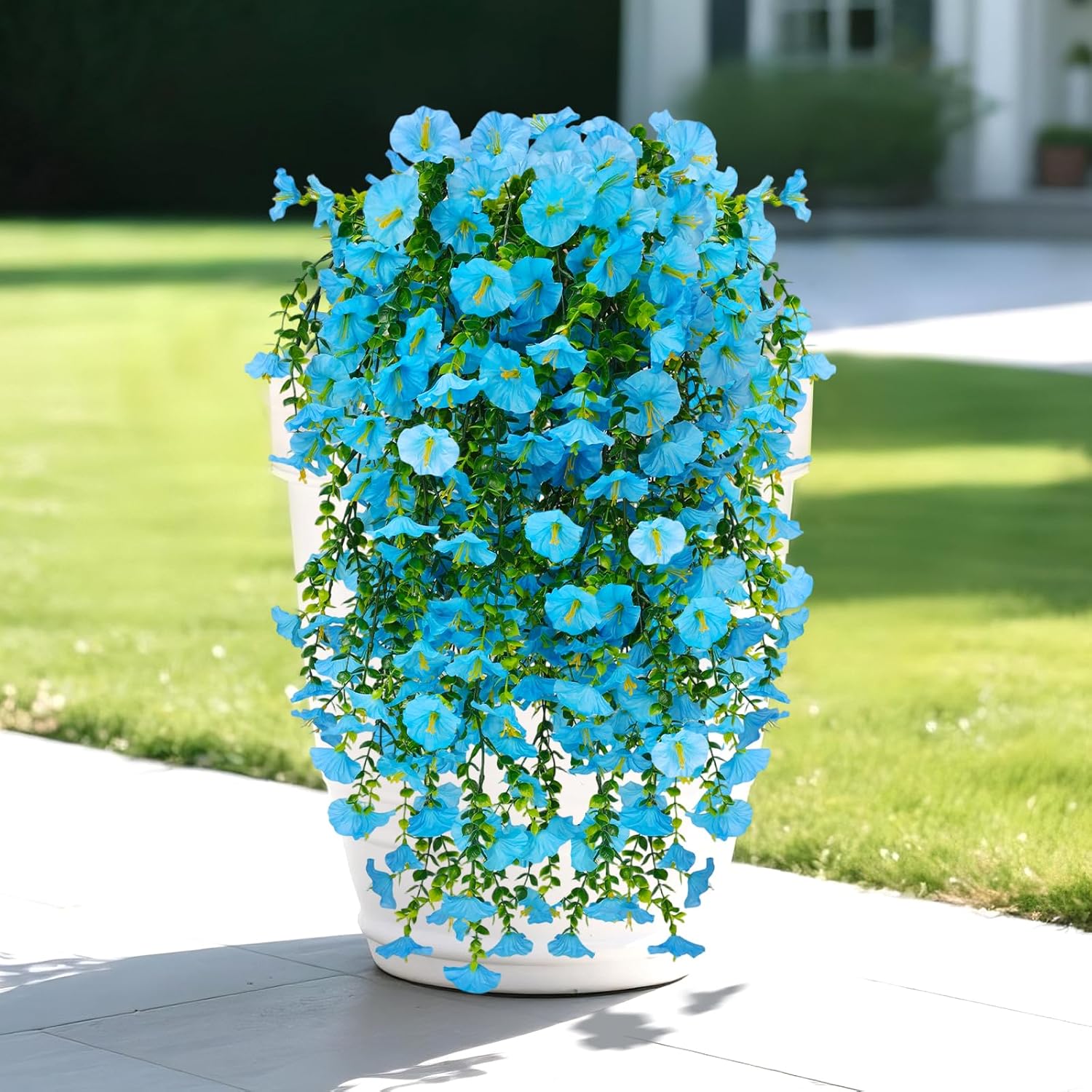 Artificial Flowers for Outdoors Decoration, 4Pcs Fake Hanging Flowers Morning Glory UV & Fading Resistant, Artificial Faux Plants Deocr for Home Porch Patio Balcony Planter Yard Garden Farmhouse