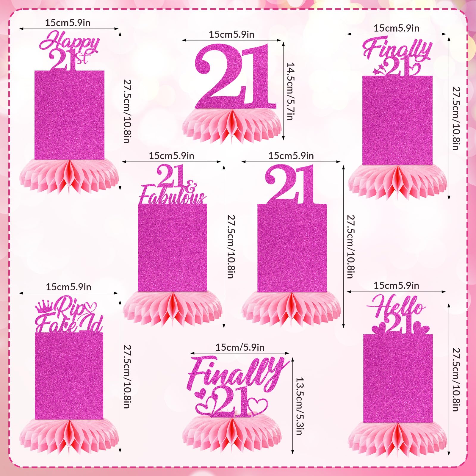 8Pcs Hot Pink Happy 21st Birthday Decorations Honeycomb Centerpieces for Her, Pink Glitter Finally 21st Birthday Photo Table Centerpieces Twenty-one Years Old Birthday Table Topper Party Supplies