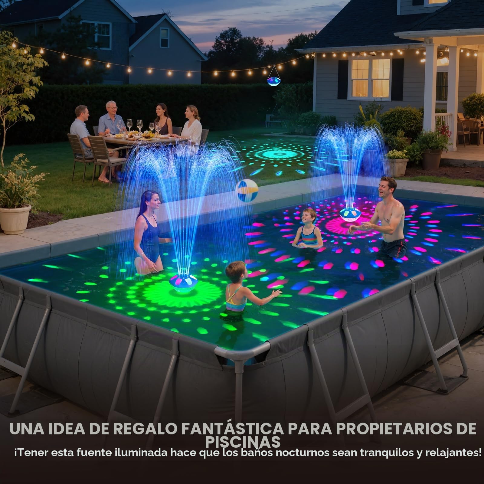 KingSom 2026 Última Fuente Flotante Piscina con iluminación LED Alta y Baja, Fuente de Piscina Recargable con Botón, 2 Modos de Chorro y 12 Modos de Luz,Impermeable IP68 Fuente para Piscinas con Ancla