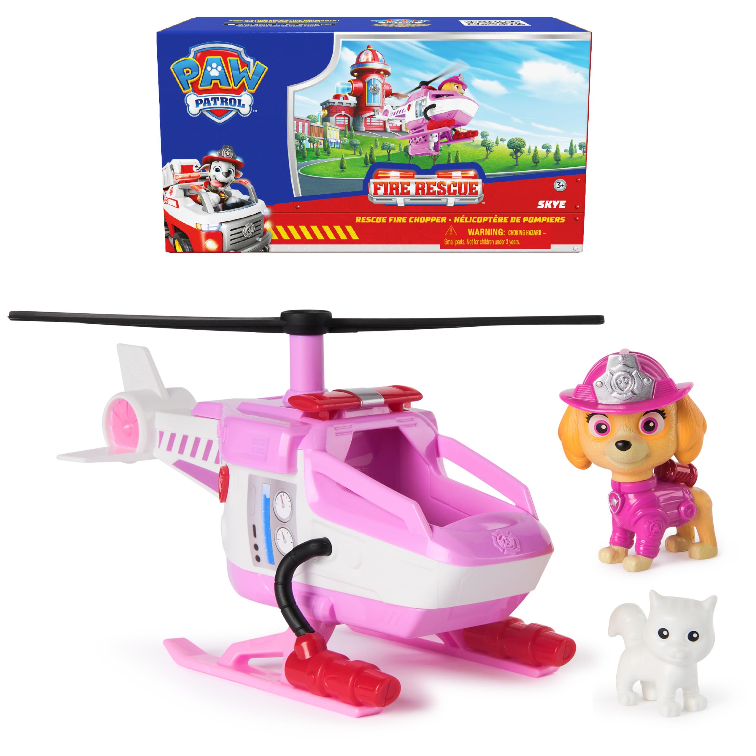 PAW Patrol Fire Rescue Skye Rescue Fire Chopper z figurką akcji, Kitty Friend i zabawkowym helikopterem, zabawka dla dzieci dla chłopców i dziewczynek od 3 lat