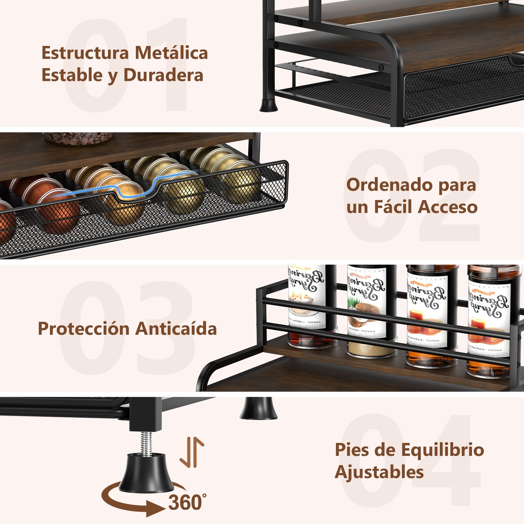 Organizador de jarabe de café, estante de jarabe de 3 niveles para 8 botellas con cajón para cápsulas Nespresso, capacidad para hasta 30 cápsulas grandes o 40 pequeñas, organizador de barra de café de