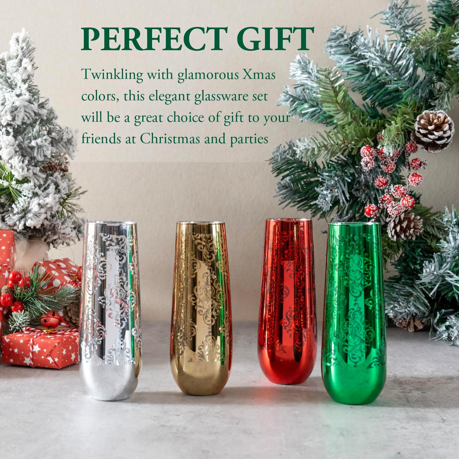 MyGift 9 oz Modern Christmas Color Champagne Flutes with Baroque Pattern, Holiday Multicolored Toasting Glasses, Sparkling Wine Slim Stemless Glass, Set of 4