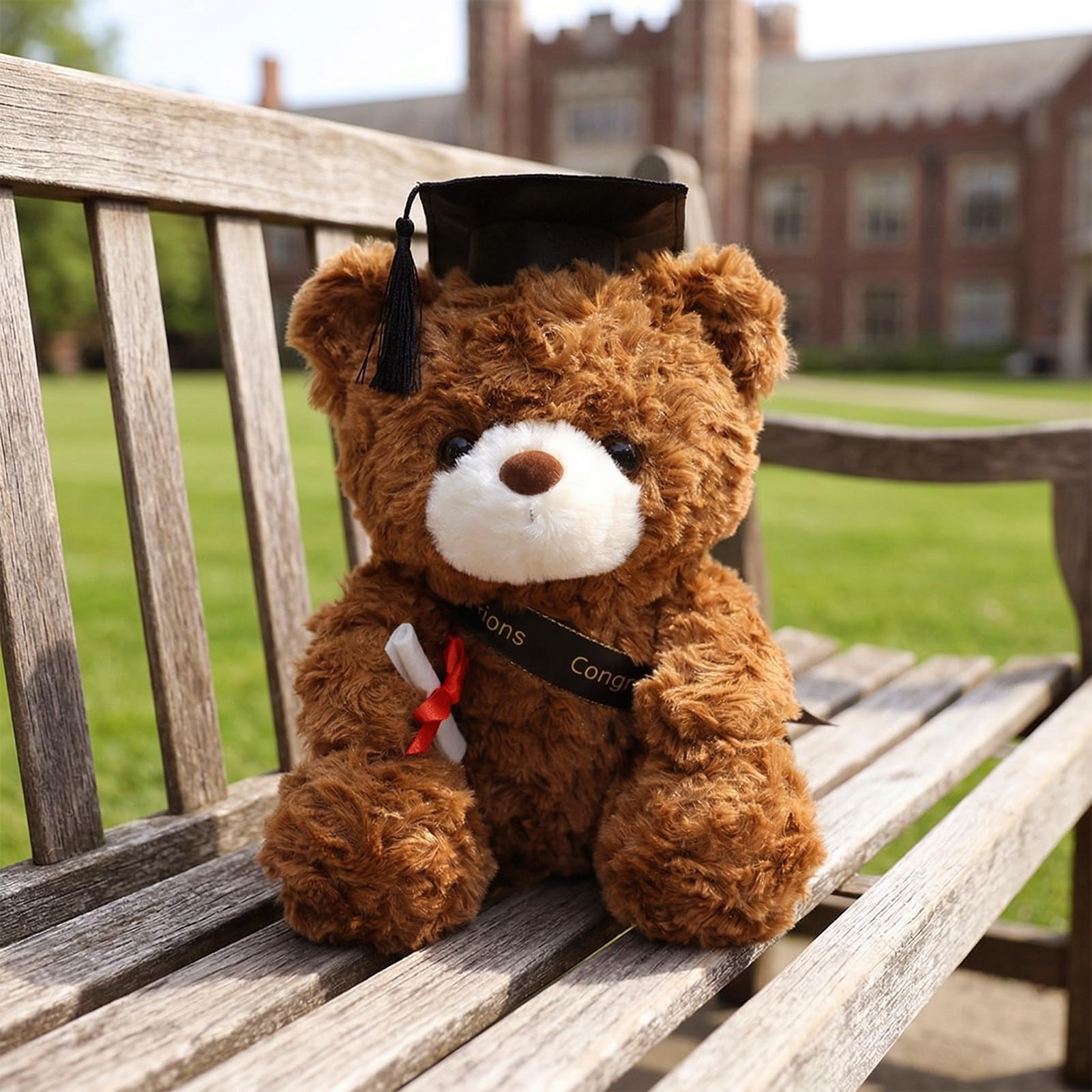 Oso de peluche de graduación con sombrero de doctorado, osito de graduación, regalo de graduación, 23 cm, amuleto de la suerte para graduación (marrón - negro)