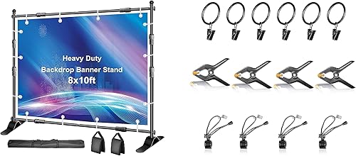 FUDESY Soporte de pancarta resistente de 8 x 10 pies con 14 paquetes de abrazaderas de clips de fondo