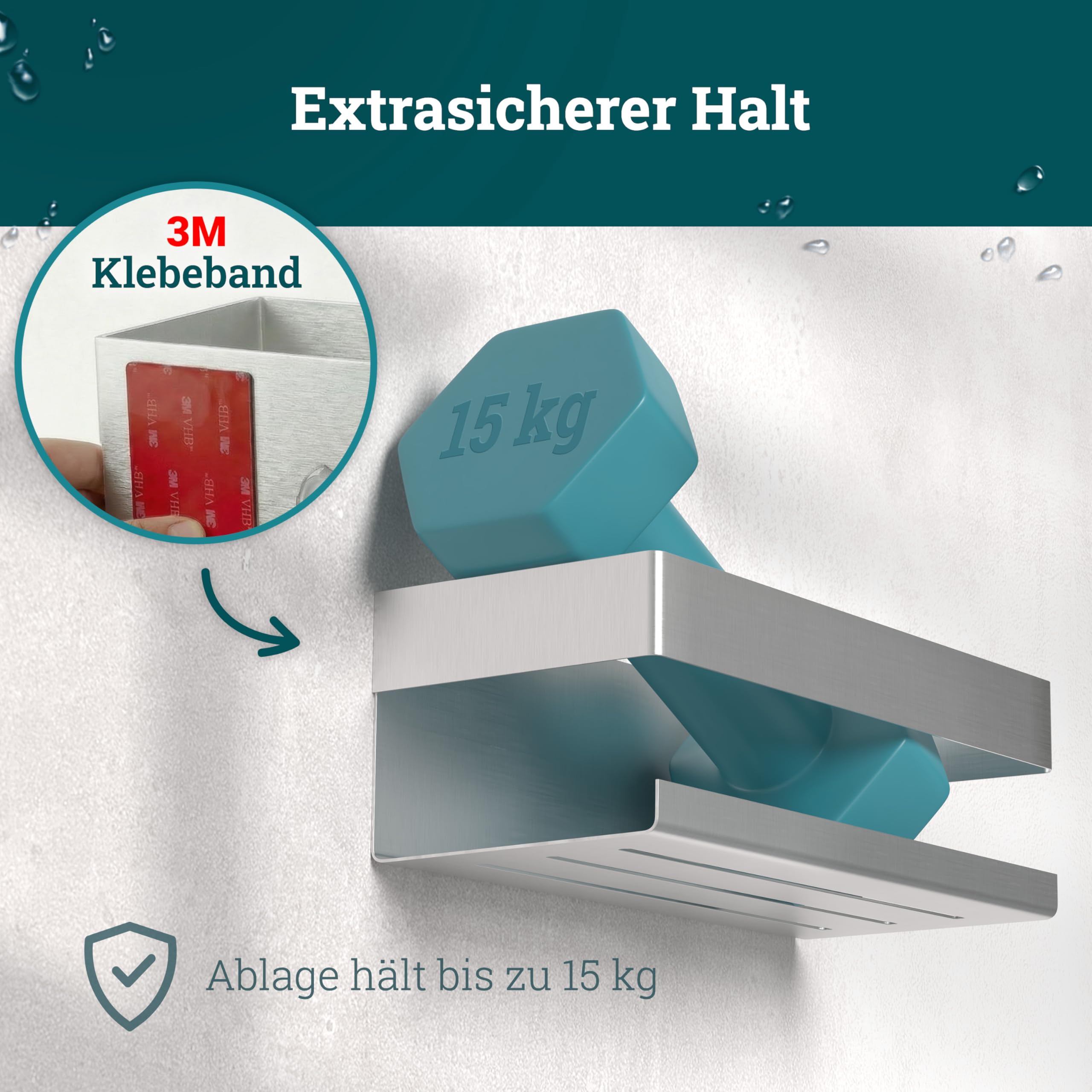 husman® Estante de ducha sin taladrar | acero inoxidable cepillado | con ranuras de drenaje y 3 ganchos | pegar en lugar de taladrar | cesta de ducha estantería de pared estantería de ducha estantería