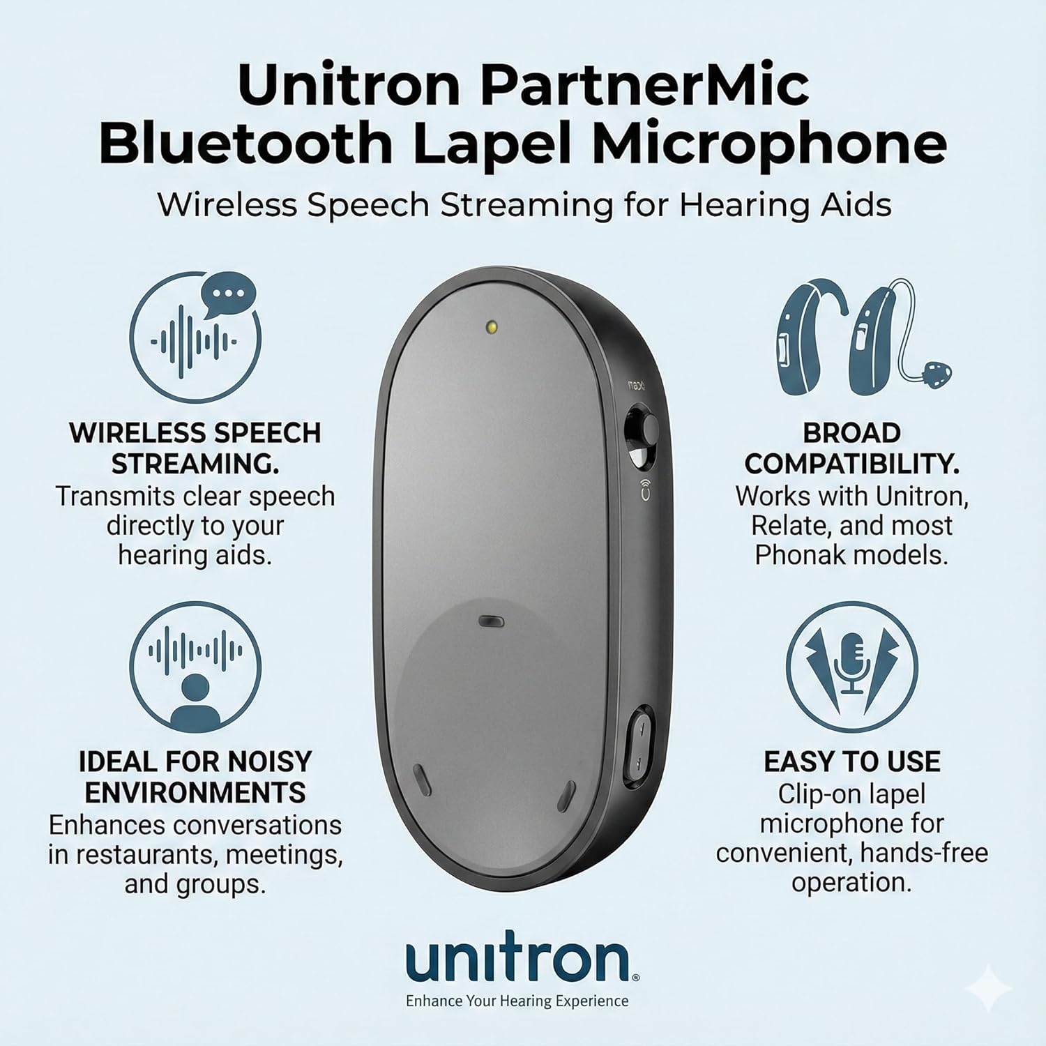 Unitron PartnerMic Bluetooth Lapel Microphone – Wireless Speech Streaming for Unitron, Relate and Most Phonak Hearing Aids – Ideal for Noisy Environments
