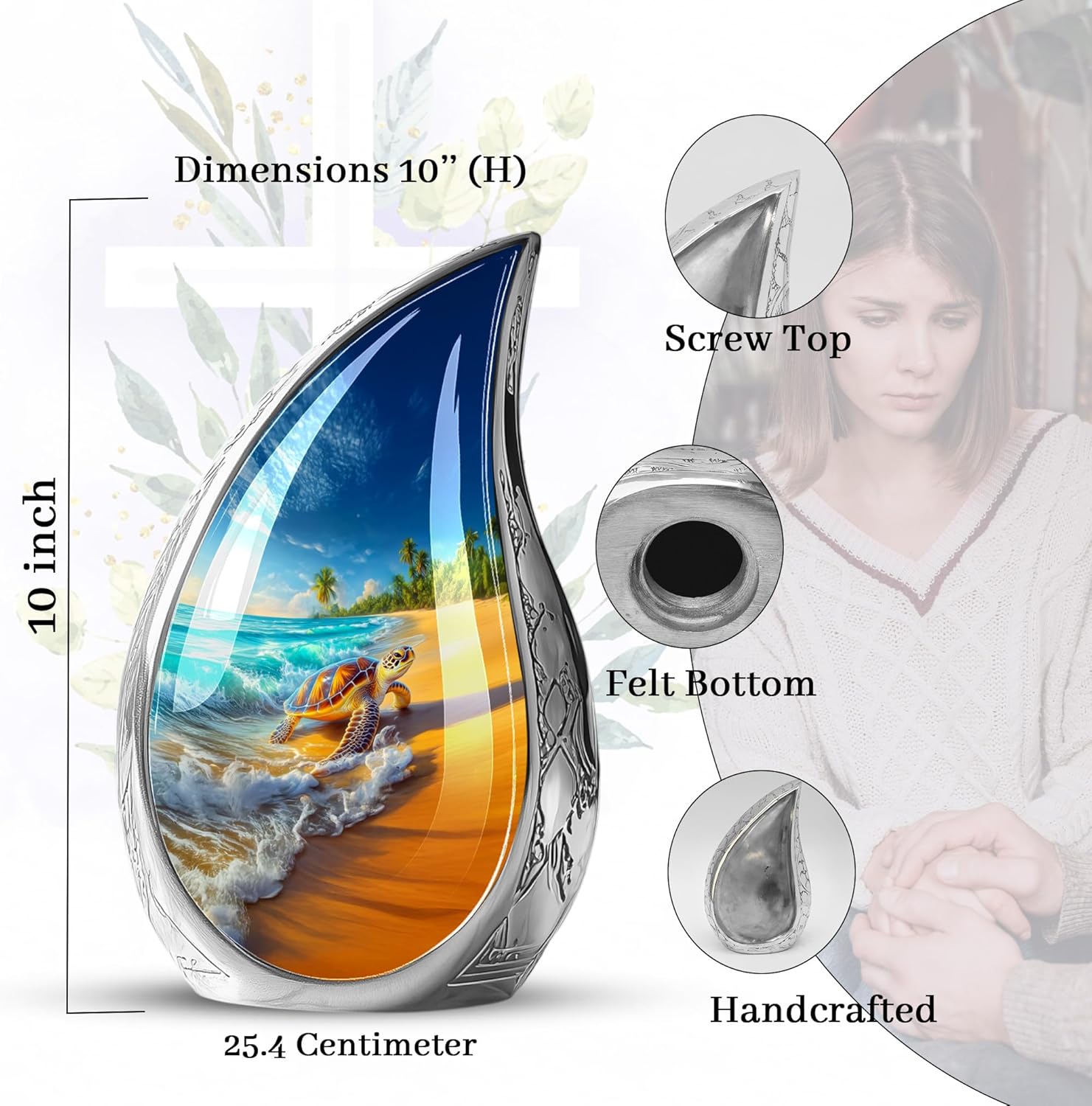 Teardrop Turtle Beach Urn for Human Ashes - Memorial Urns for Human Ashes - Ocean Turtle Urns for Adult Male and Female - Large Decorative Urn for Handmade 10inch