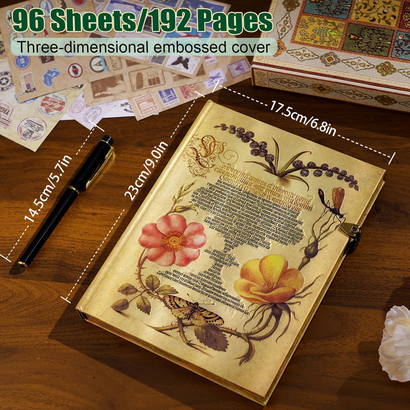 Diario con forro vintage de 96 hojas/192 páginas, viene con bolsillo de sobre, diario retro 3D de tapa dura, adecuado como diario de viaje, cuaderno o aniversario de boda.