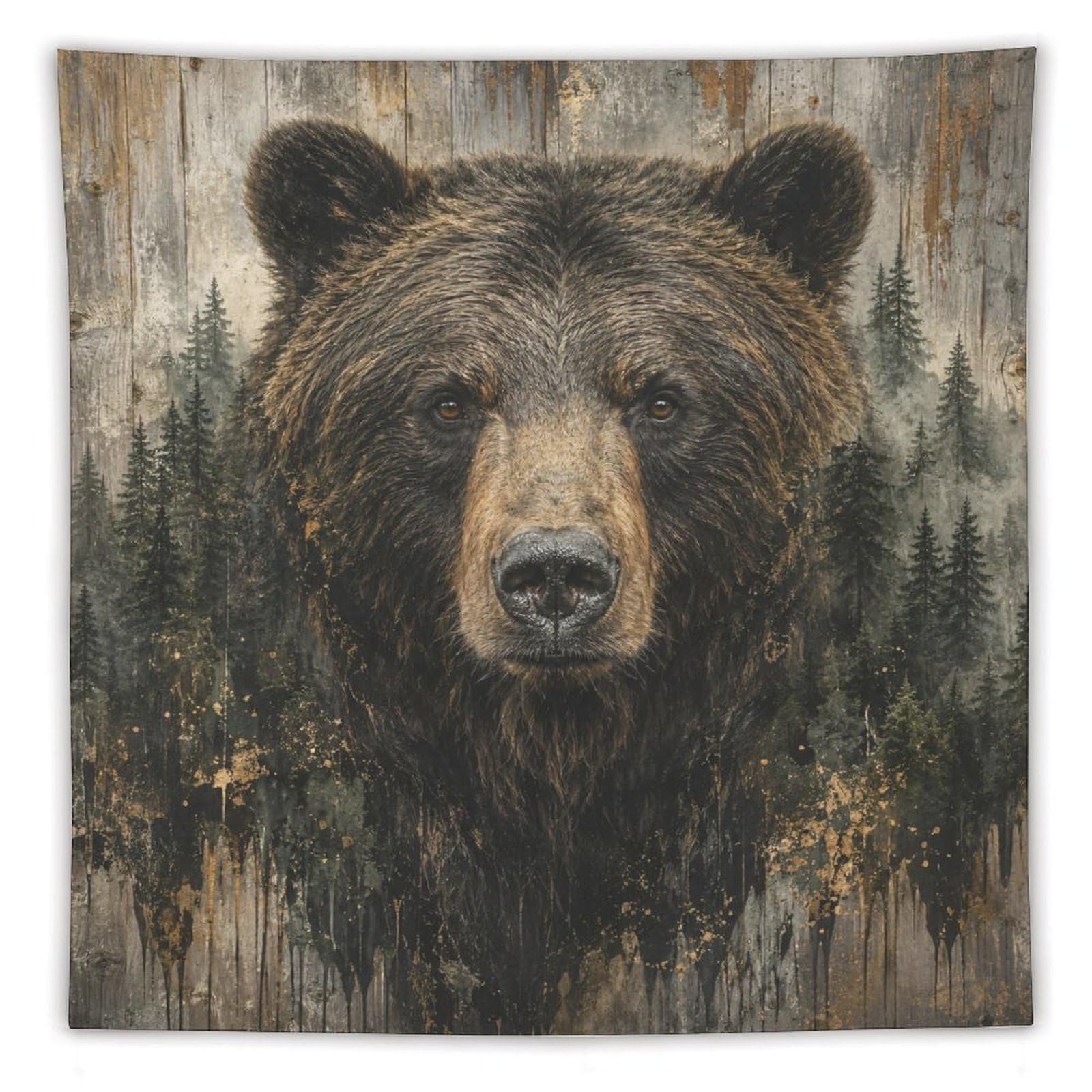 W7C8U2X3 Brown Bear Pine Forest Wall Tapestry, Oil Painting Style, Bedroom