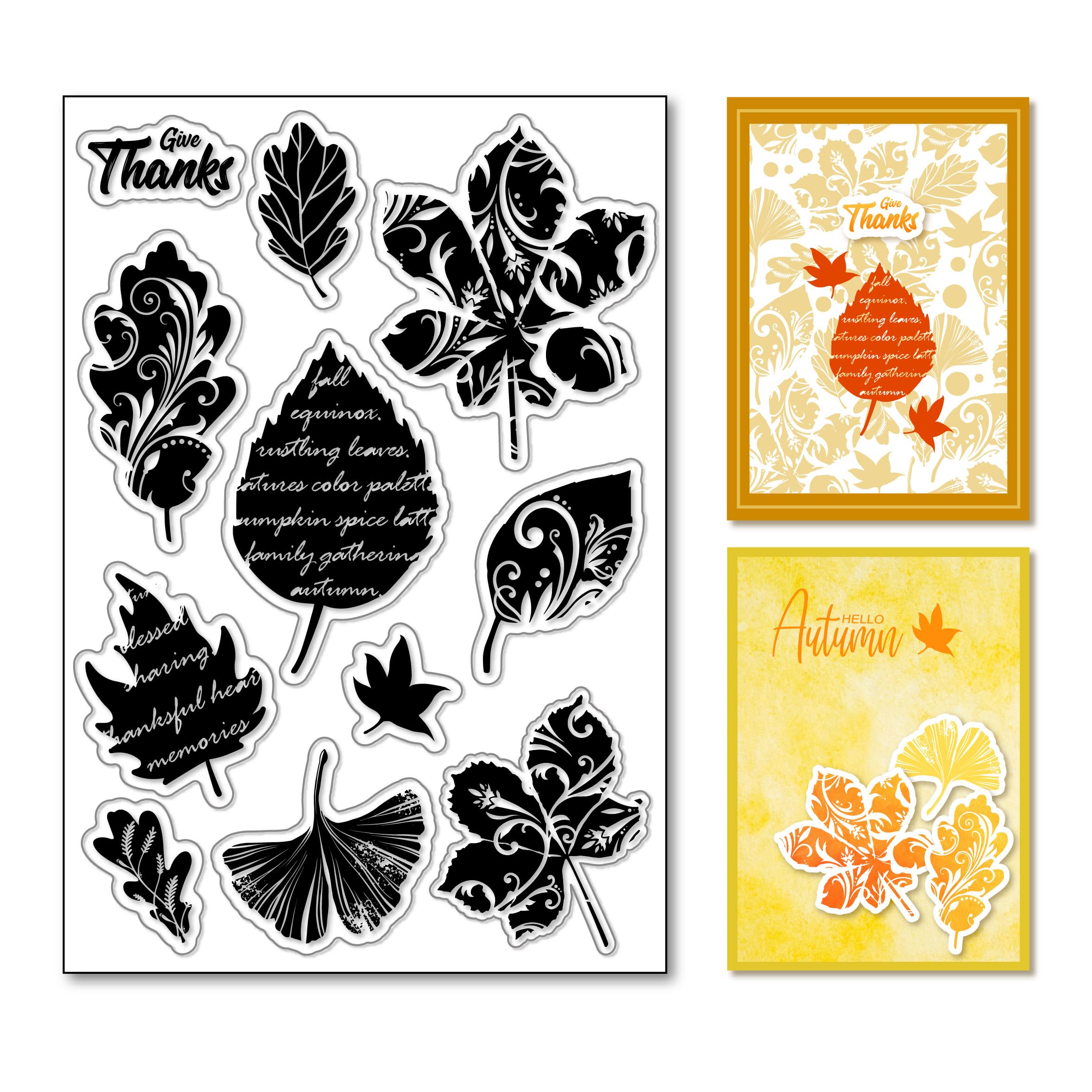 arriettycraft Autumn Silhouette Leaves Silicone Clear Stamp Maple Leaf with Text Transparent Silicone Stamp Ginkgo Oak Leaves with Swirls Rubber Stamp for Scrapbook Journal Card Making