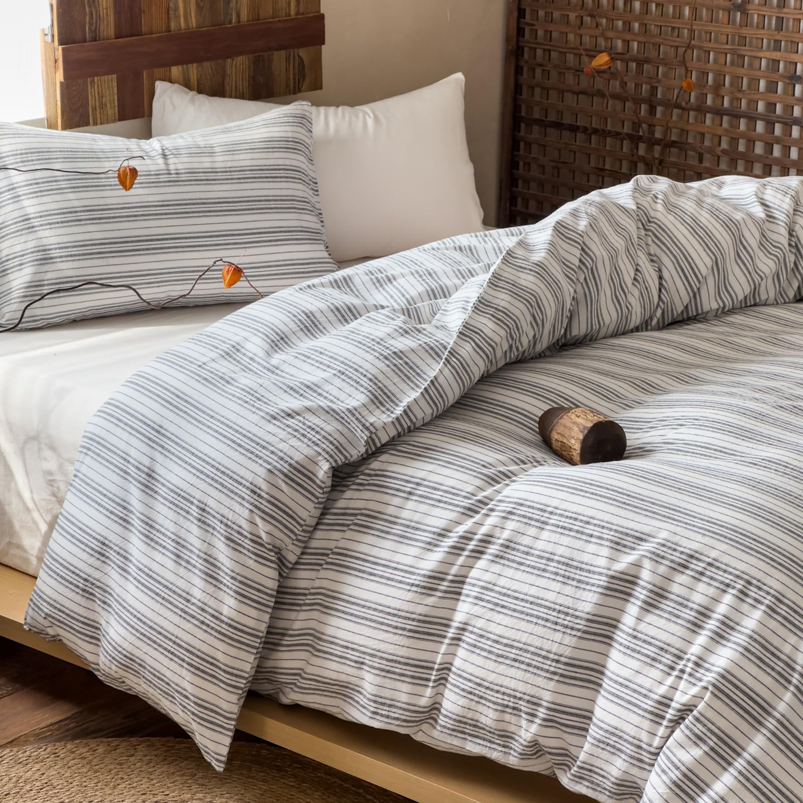 EAVD Retro Grey White Striped Duvet Cover Twin Soft 100% Washed Cotton Reversible Striped Bedding Set with 2 Pillowcases Farmhouse Geometric Pattern Duvet Cover with Zipper Closure