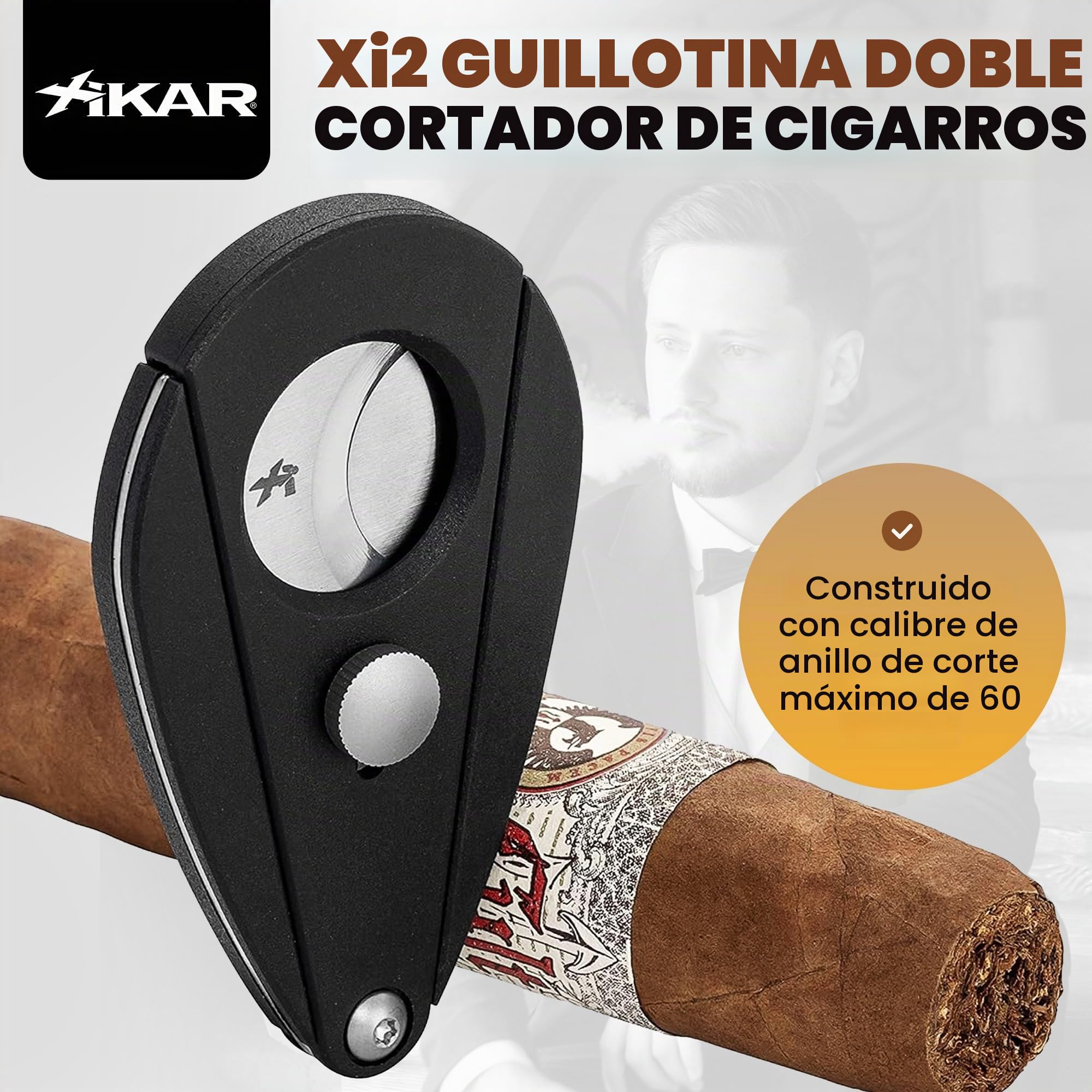 Xikar, Xi2, Cortapuros de precisión de doble guillotina con cuchillas de acero inoxidable 440, acabado negro, Rockwell C para puros con anillo de calibre nominal 54 a 60, diseño ergonómico de lágrima
