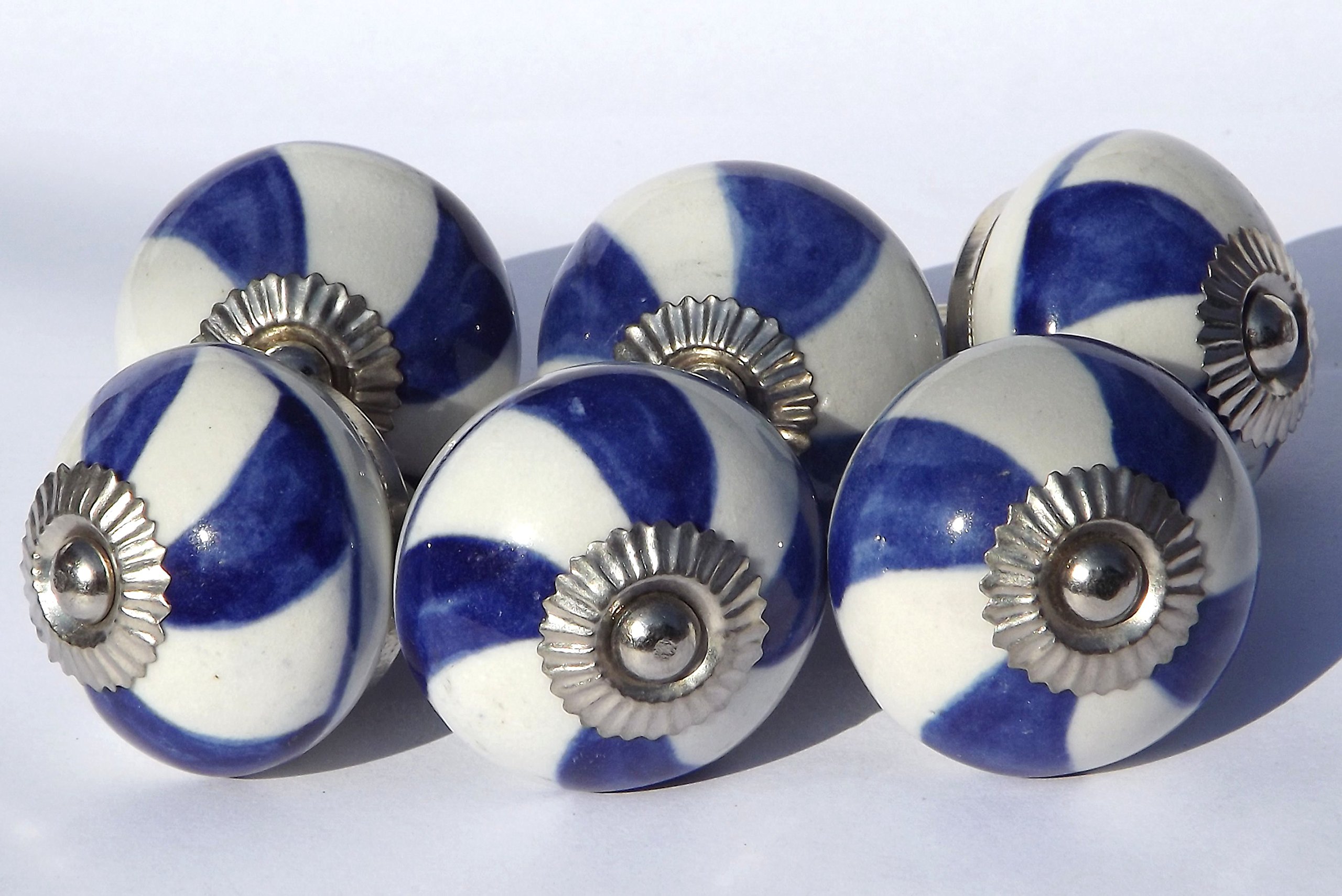 6 x White Round Blue Swirl (Chrome Fittings) Ceramic Cupboard Door knobs Drawer pulls
