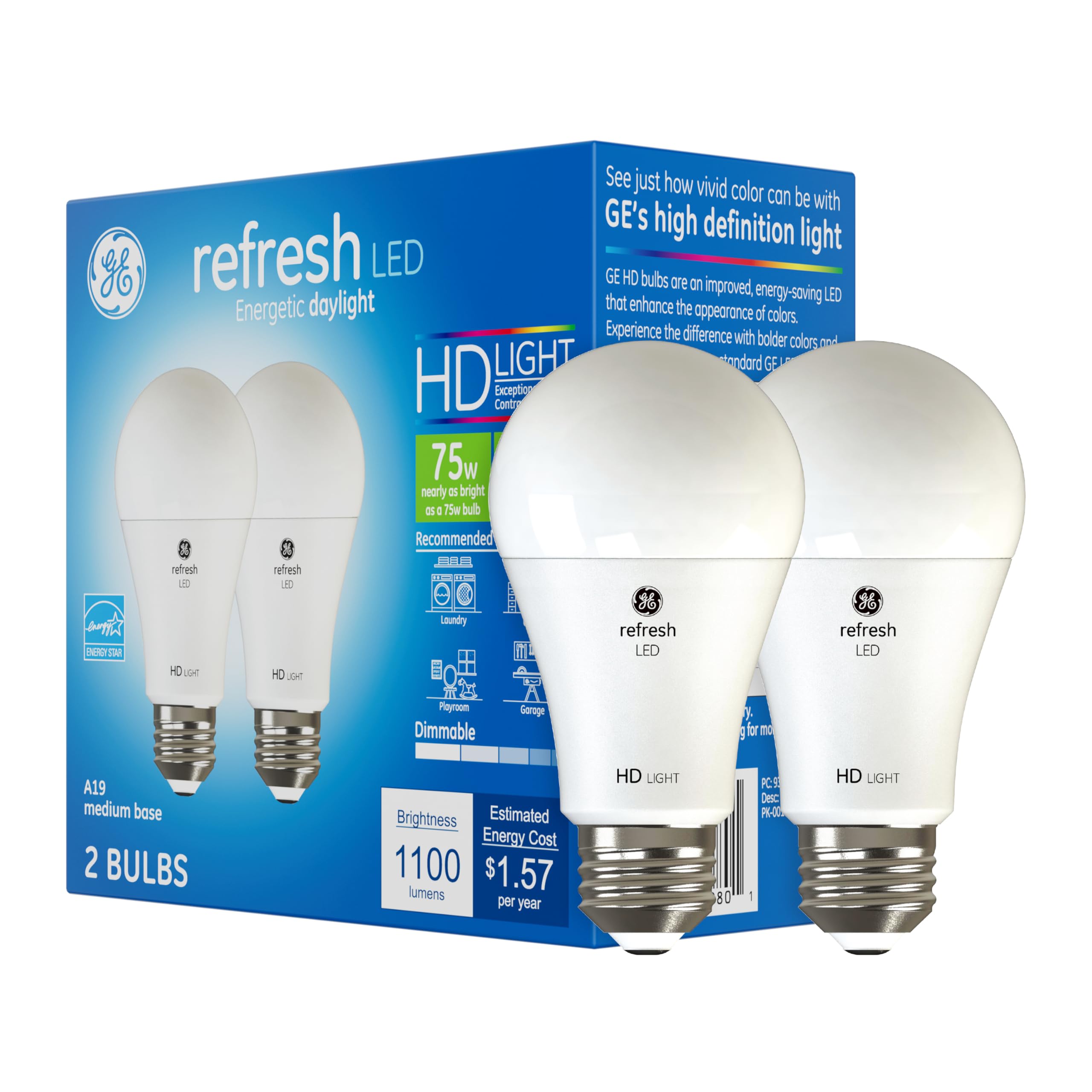 GE Refresh LED Light Bulbs, 75 Watt, Daylight, A19 (2 Pack