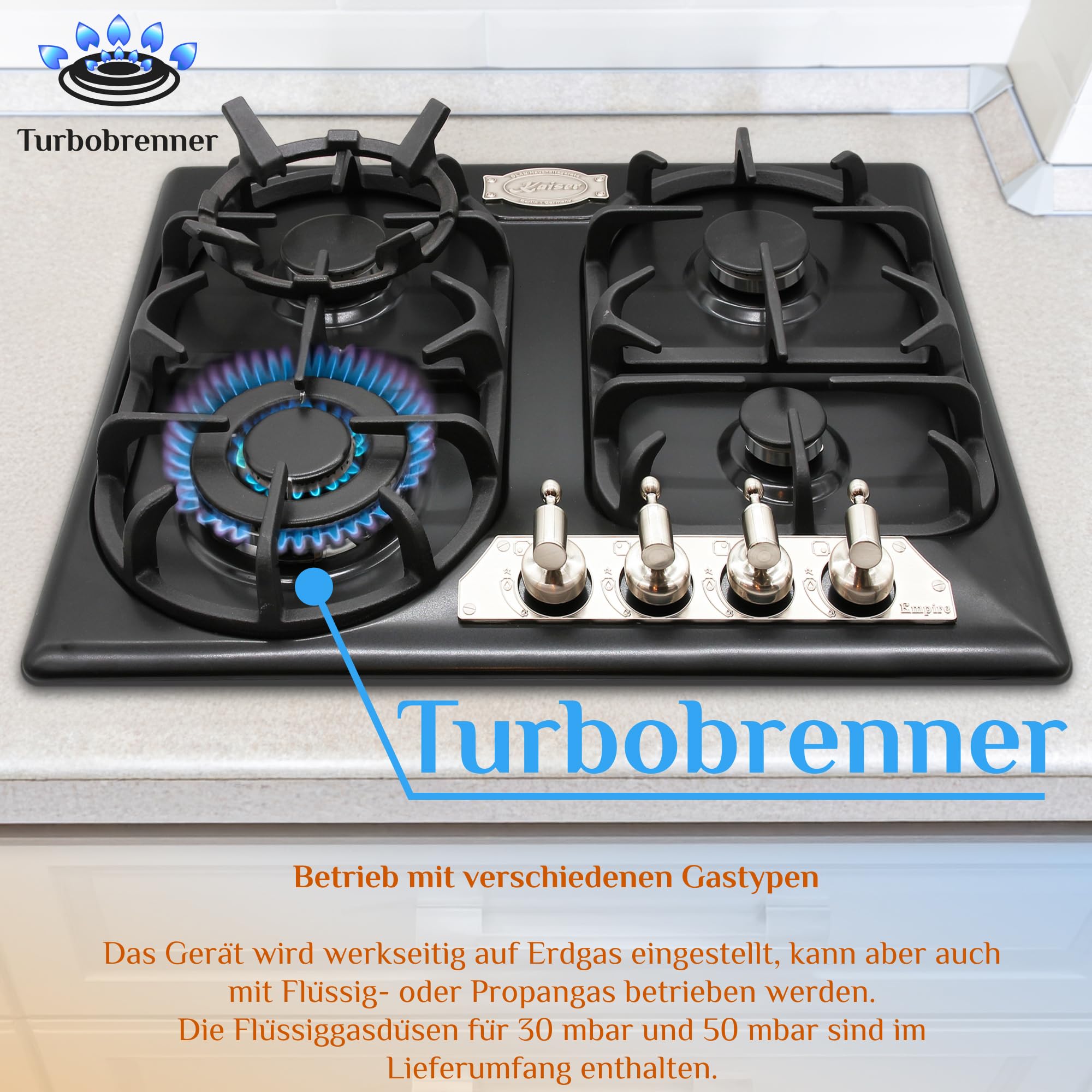 Kaiser Empire KG 6325 Em Sil Turbo ekskluzywna płyta kuchenna na gaz, 60 cm, autark antracyt, 4 wysokiej jakości palniki, WOK 3,8 kW, ergonomiczny knebel obrotowy, gaz ziemny i propan