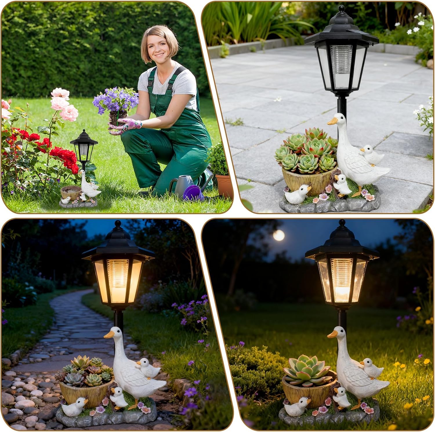 Garden Duck Statues with Solar Lantern Flowerpot Outdoor Decoration, Duck Figurines Yard Art Sculptures for Patio Lawn Backyard Porch Ornaments Unique Mother's day Birthday Gifts for Women Mom (A) — view 3