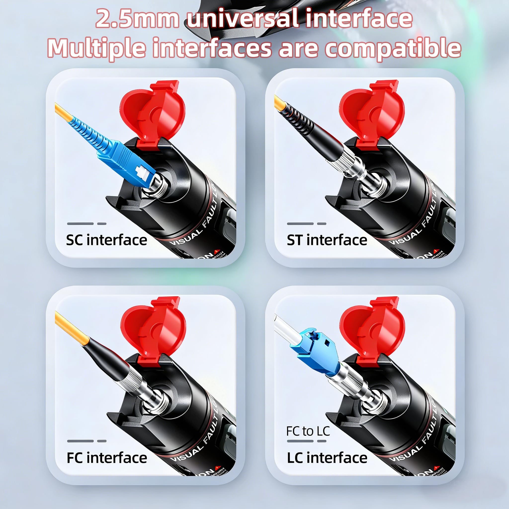 Localisateur visuel de défauts fibre optique rechargeable 30 mW, stylo lumineux rouge, connecteur Type-C, testeur de fibre optique compatible avec les connecteurs SC/FC/ST/LC, outil VFL