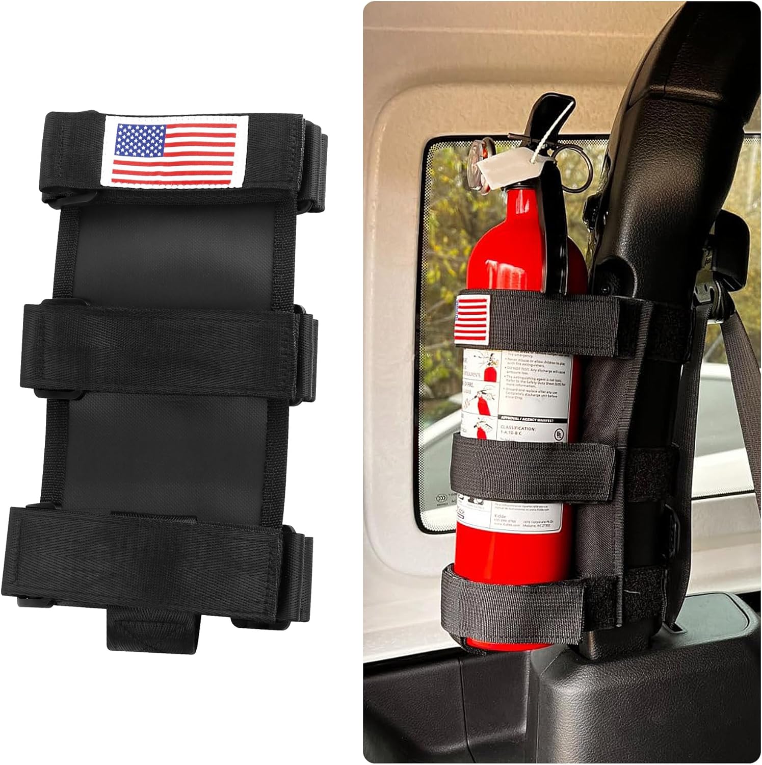 OFBAND Roll Bar Car Fire Extinguisher Mount with American Flag,Fire Extinguisher Holder with Adjustable Straps for Fixing,Universal Car Accessories for Vehicle