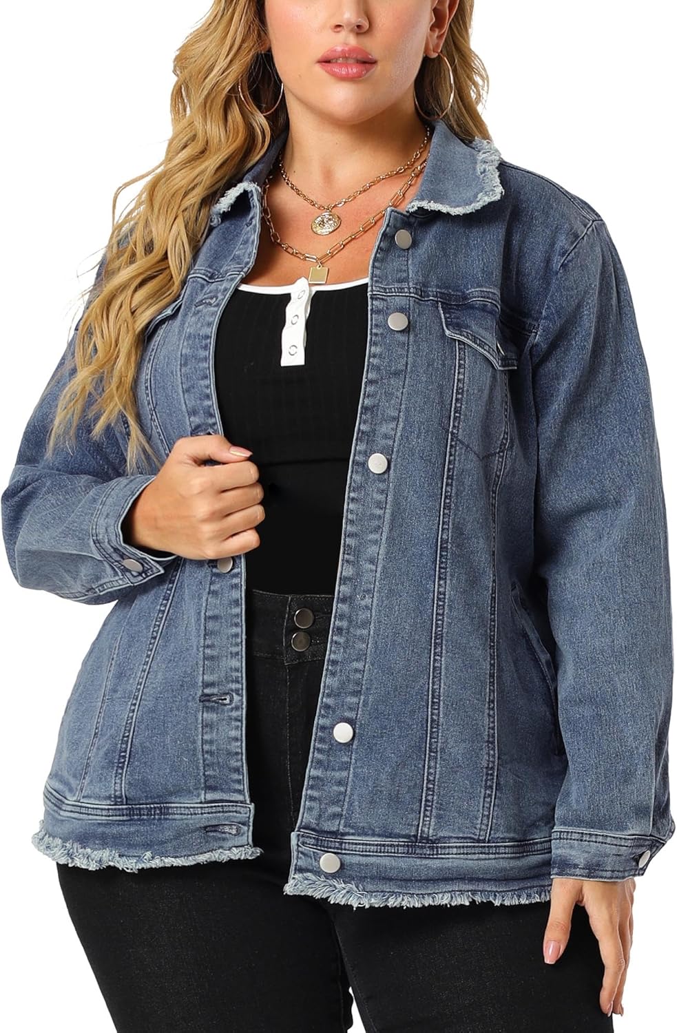 Agnes Orinda Plus Size Denim Jackets for Women Frayed Hem Classic Washed Jean Jacket
