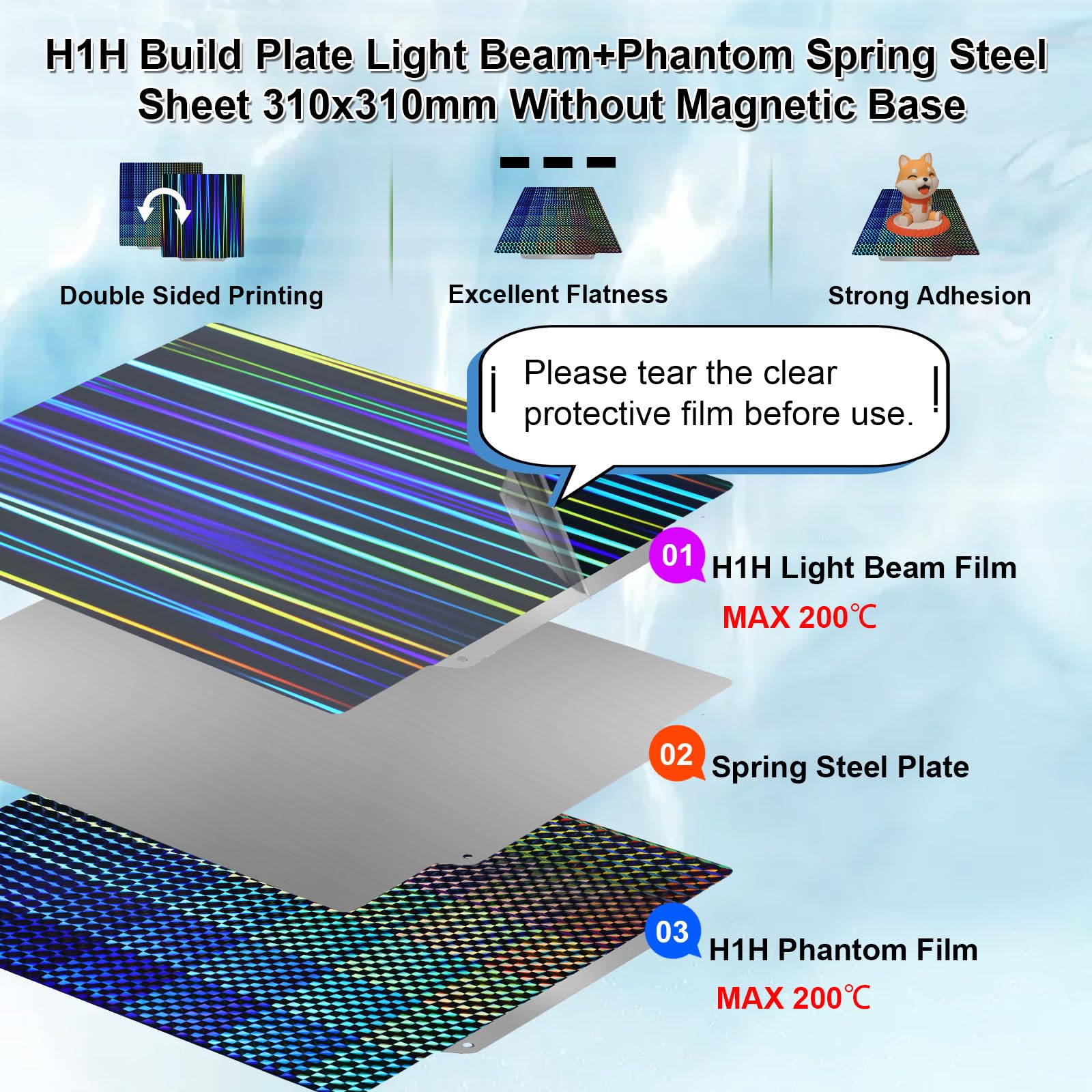 IdeaFormer Holographic Rainbow Streak+Phantom H1H Druckplatte, H1H Spring Steel Druckbett für Artillery Sidewinder X1/X2 für Creality CR-10/CR-10S/Anet A8 Plus für QiDi Plus 4