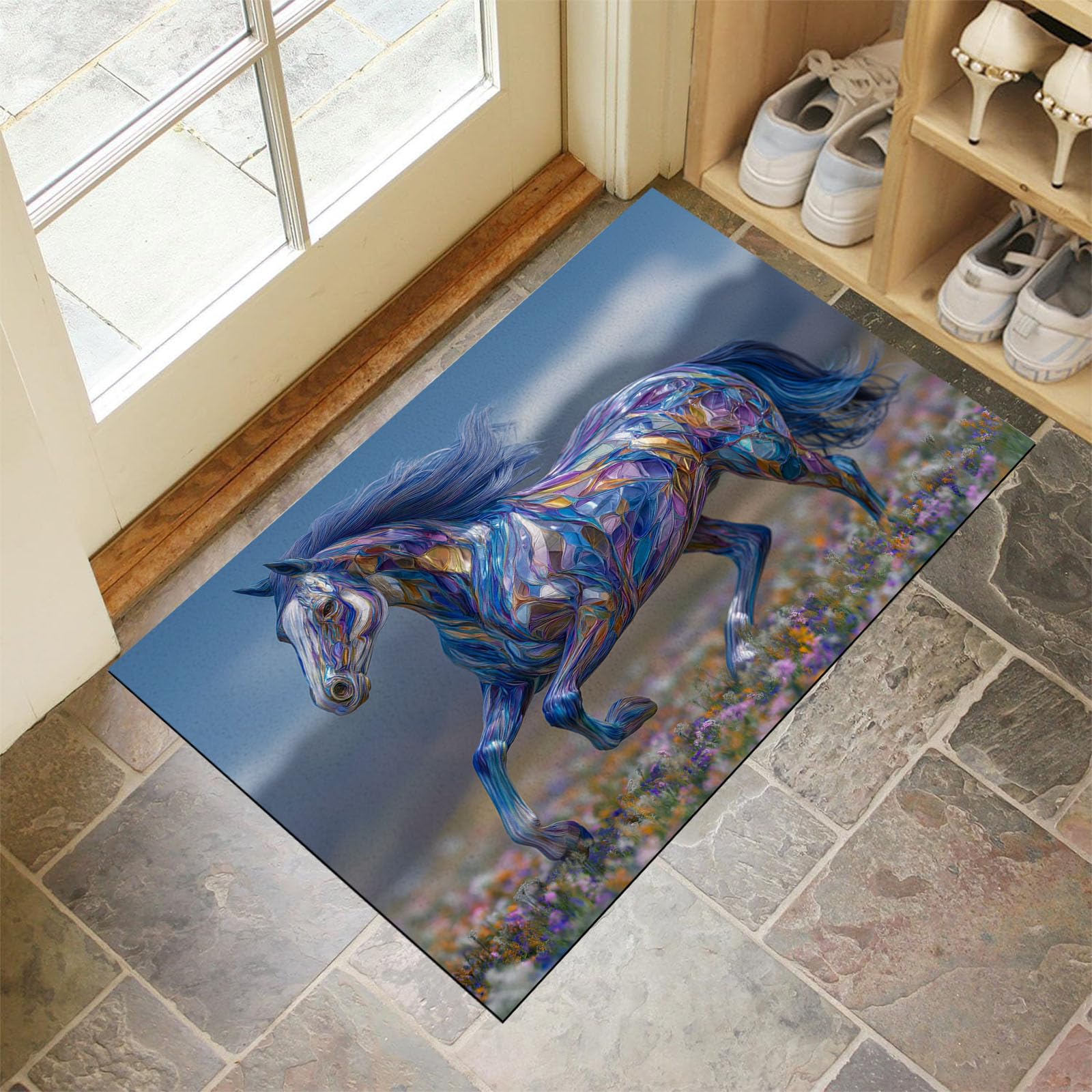 Tapis de cuisine et entrée bleu décor chevaux pour intérieur et extérieur