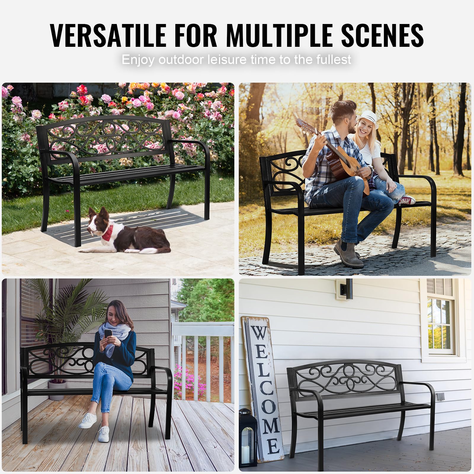VEVOR Banc d'extérieur, 52,7 x 127 x 81,8 cm, Banquette de Jardin en métal pour l'extérieur, jusqu'à 250 kg de Charge, Banc de Jardin avec Dossier et accoudoirs, mobilier de terrasse, pour Parc, Cour