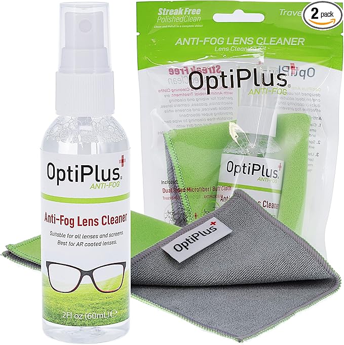 OptiPlus Anti-Fog Lens Cleaning Spray and Dual Microfiber Cloth | Streak-Free Cleaner and Defogging Spray for Glasses, Laptops Screens, Smart Phones, Optical Lens, Goggles, and Watch Screen l 2oz