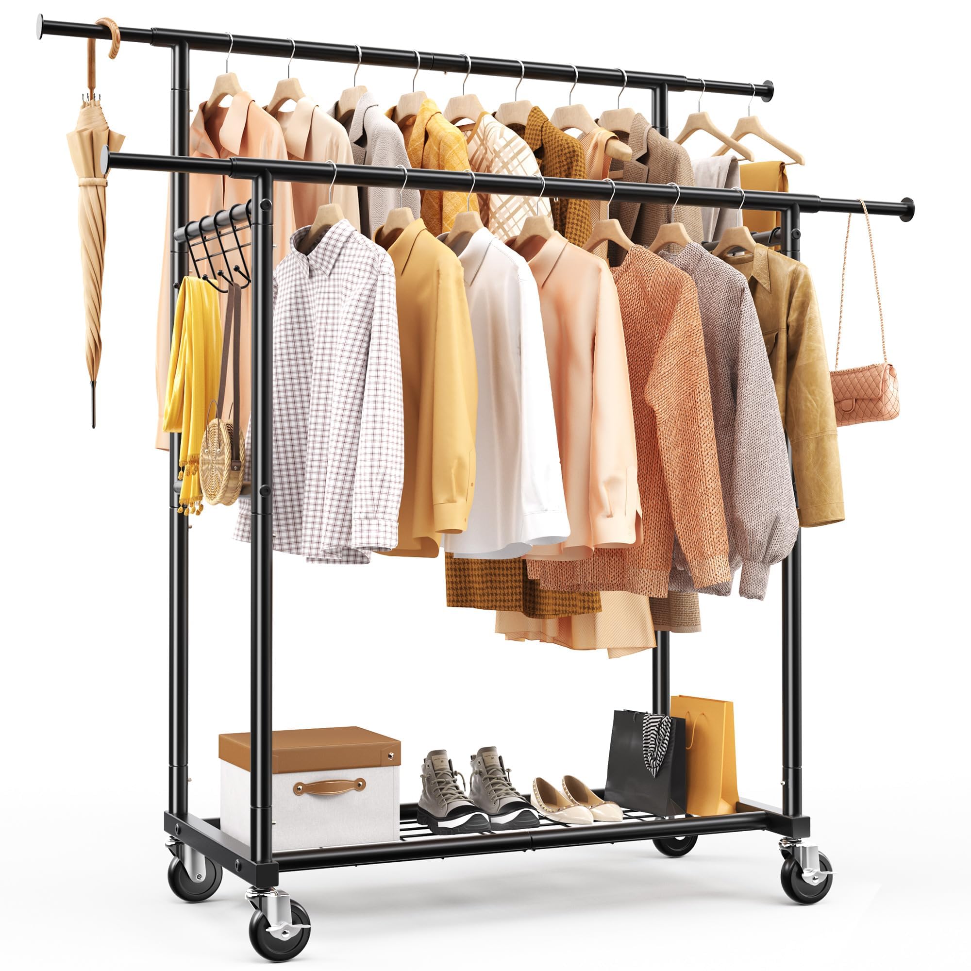 HOKEEPER - Perchero de doble barra, resistente, capacidad de 204 kg con ruedas y estantes, perchero portátil para dormitorio, lavandería, abrigos y prendas, color negro