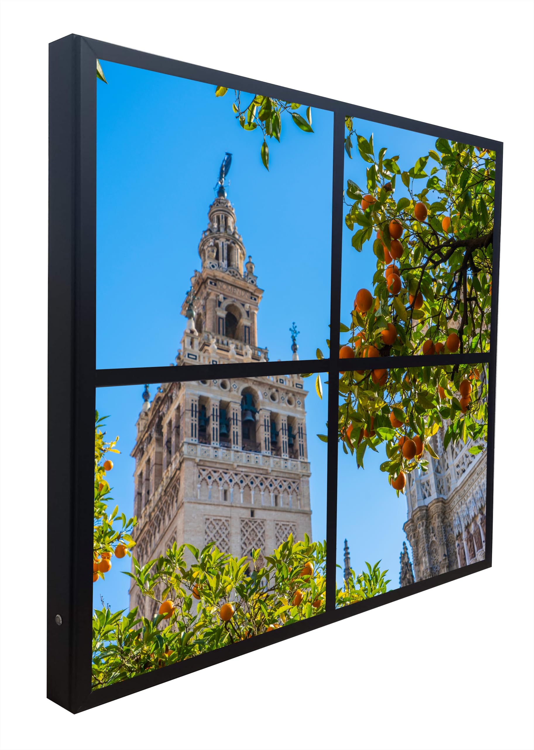 Tableau illuminé fausse fenêtre Giralda cadre trompe l'oeil luxe