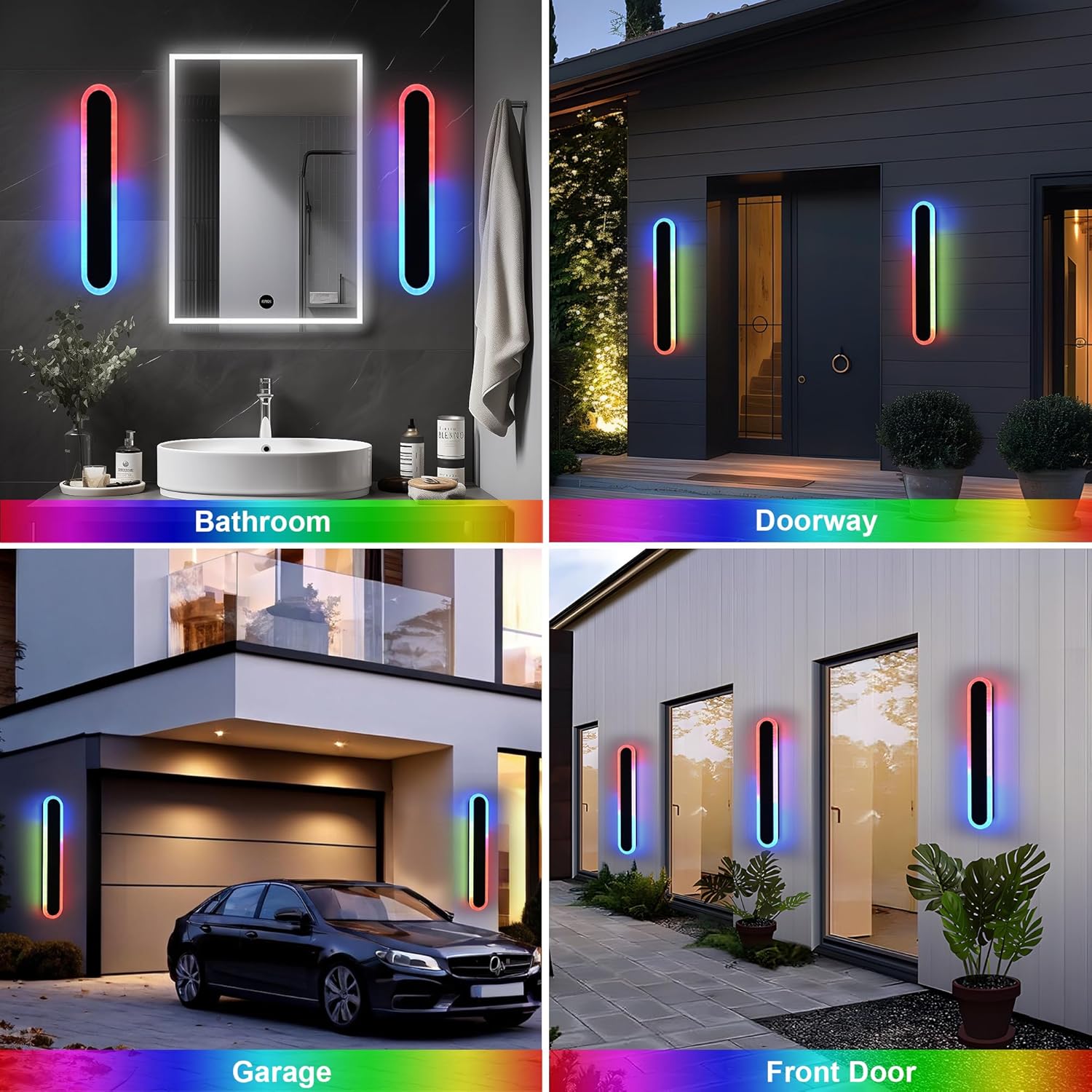 TODOLUZ 2-Pack 24-Inch RGB Outdoor Wall Light Fixture, IP65 Waterproof 16W Dimmable LED Linear Wall Sconce Lighting with Remote Control for Garage Porch Front Door