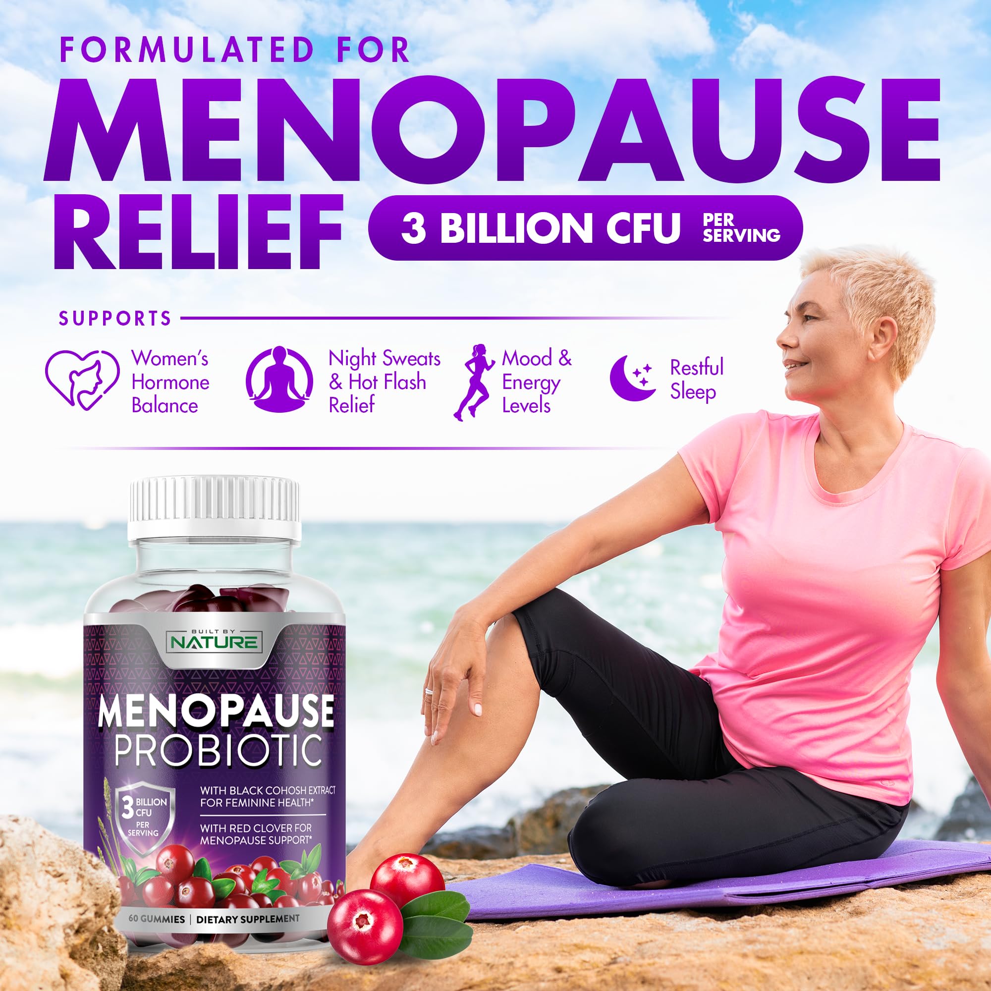 Menopause Supplements for Women - Menopause Probiotic Gummy - Women’s Menopause Relief for Hot Flashes, Night Sweats & Mood Swings with Black Cohosh & Cranberry - Non-GMO, Vegan - 60 Gummies — Amazon image 3