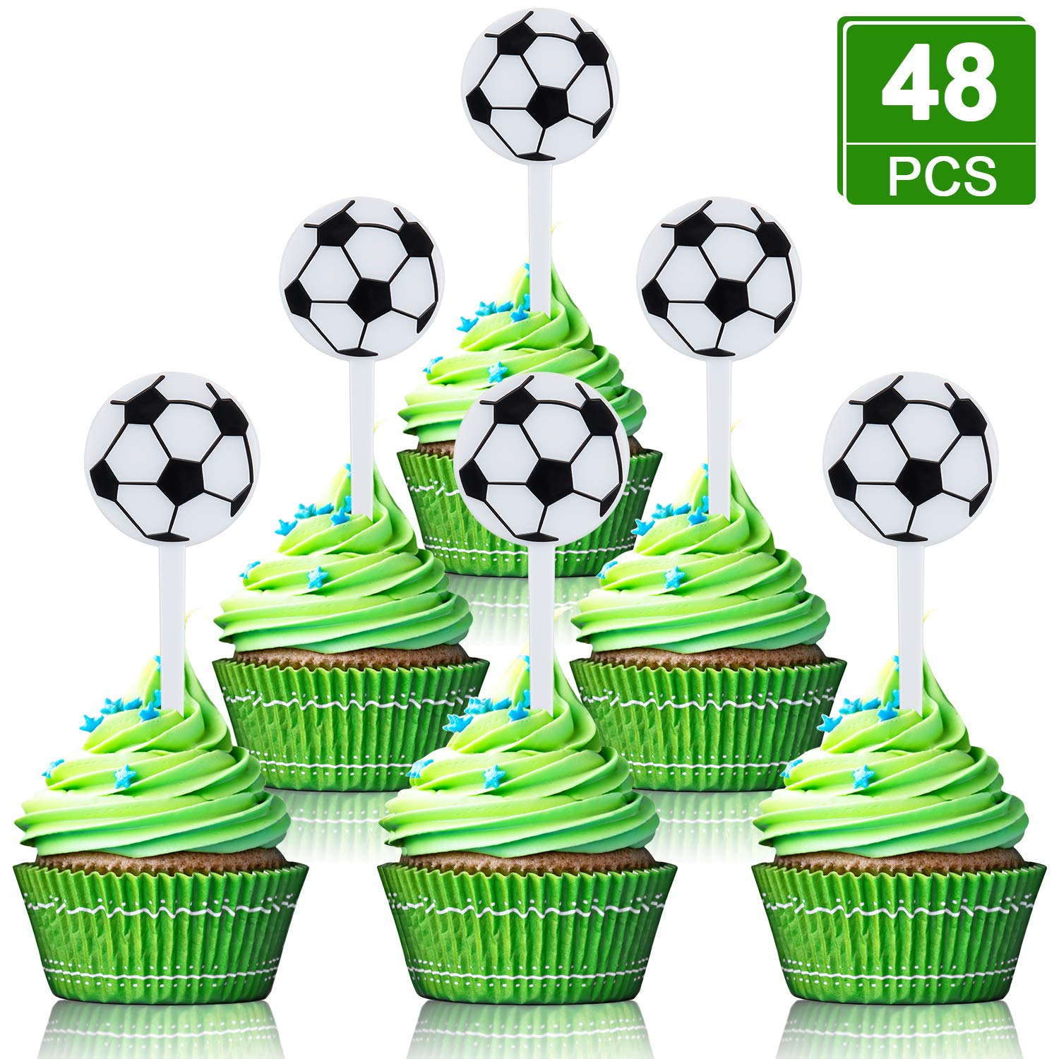 Blulu 48 Pieces Soccer Cupcake Toppers Soccer Party Picks Football Cake Food Topper Picks Soccer Ball Cupcake Toppers Decorations Acrylic Topper for Soccer Theme Party, Baby Shower, Birthday Party