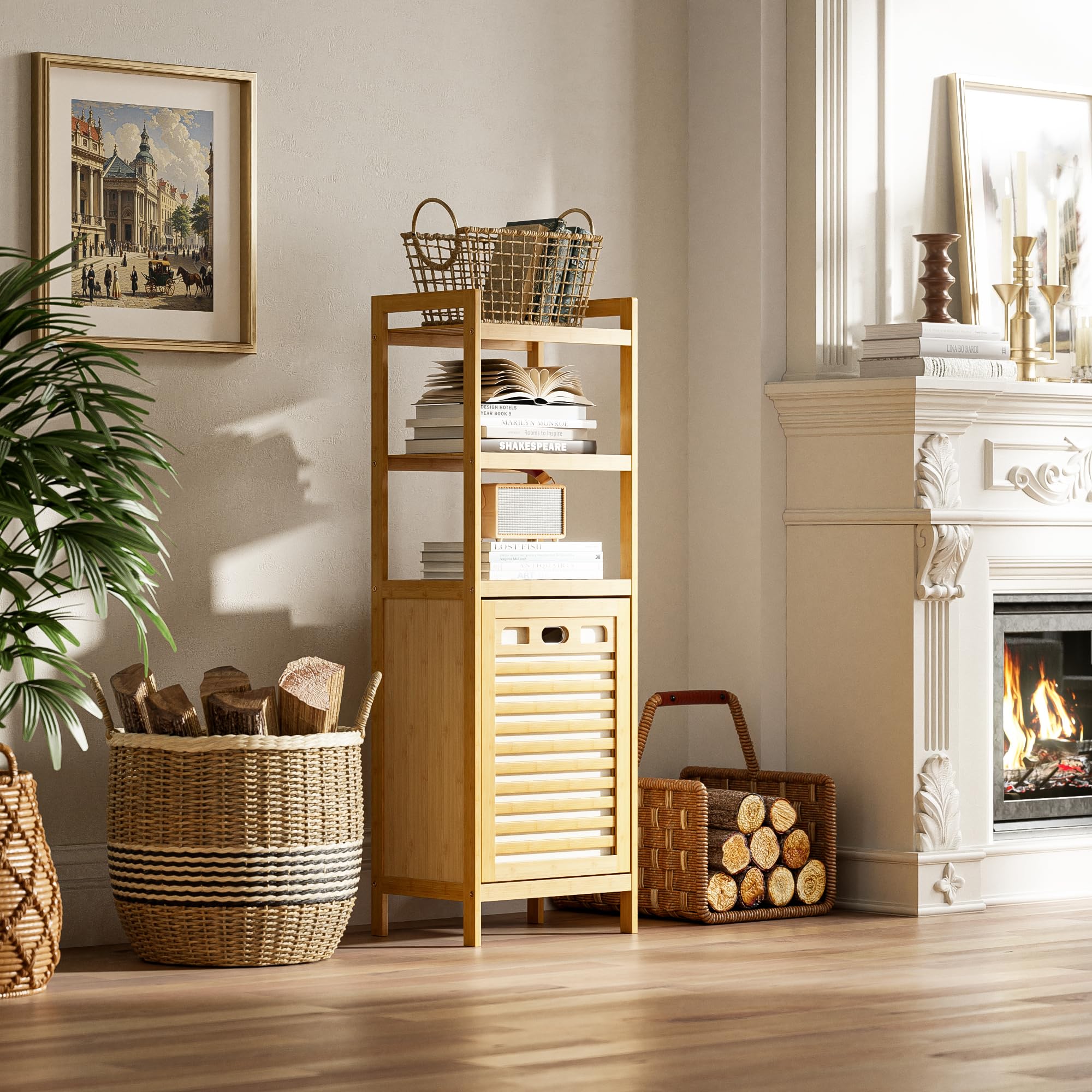 HITNET Meuble Salle de Bain avec Panier à Linge, Armoire Bas Salle de Bain en Bambou avec 3 étagères Ouvertes, 40L Sac Intérieur Amovible pour Buanderie, Toilette et Chambre à Coucher, Naturel
