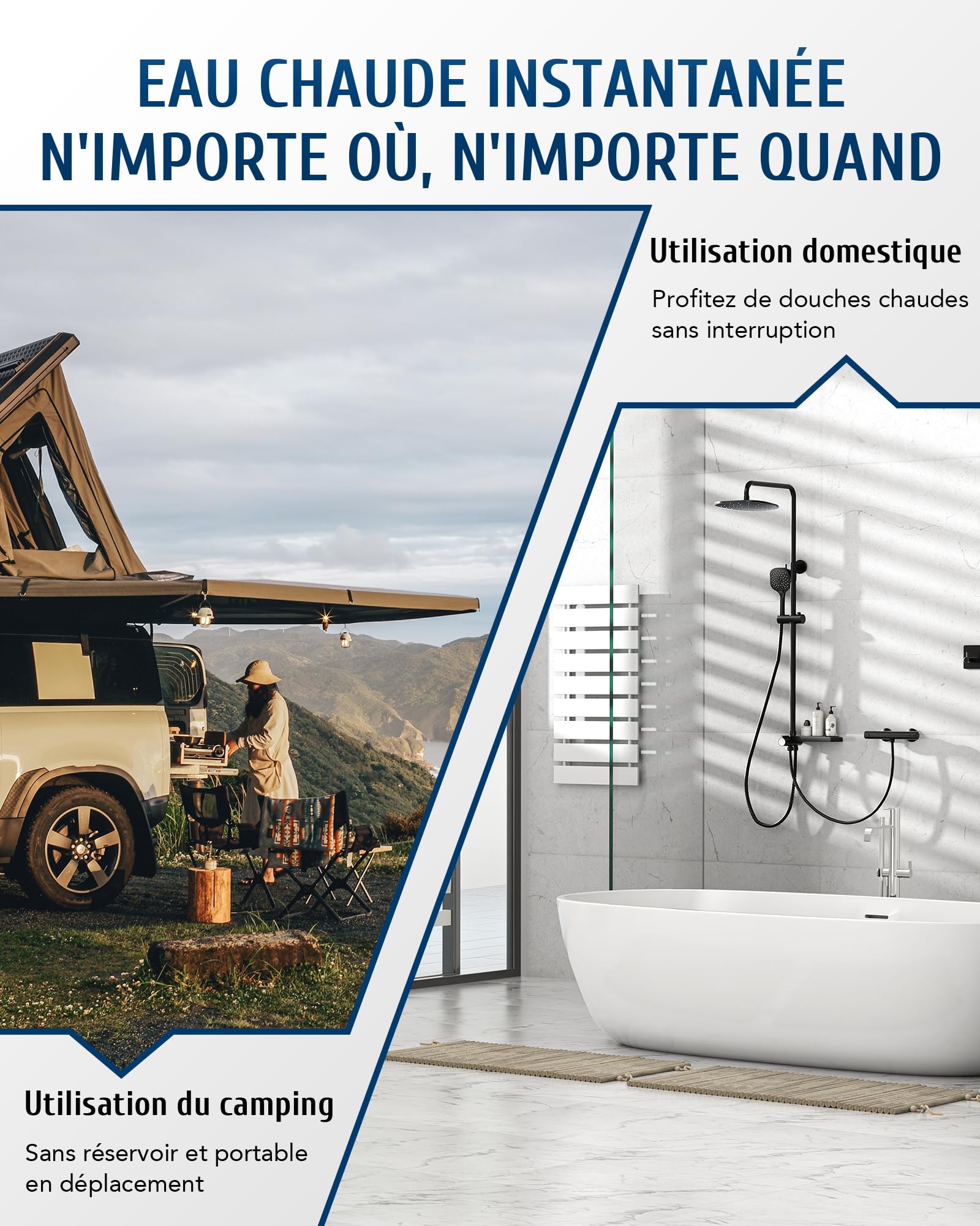 VONLUCE Chauffe-Eau Gaz Instantané 8L/min 13,6kW GPL - Portable pour Camping/Caravane, Modes Hiver/Été, Température Réglable 27-68°C, Certifié CE (Butane/Propane)