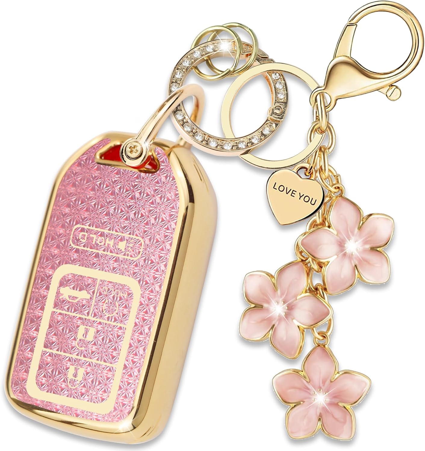 Pink TPU Key Fob Cover with Sakura Flower Keychain Compatible with Honda Accord Civic CR-V Pilot Passport Insight CR-Z HR-V Fit JED Spirior Odyssey Ridgeline 5-Button Smart Key for Women