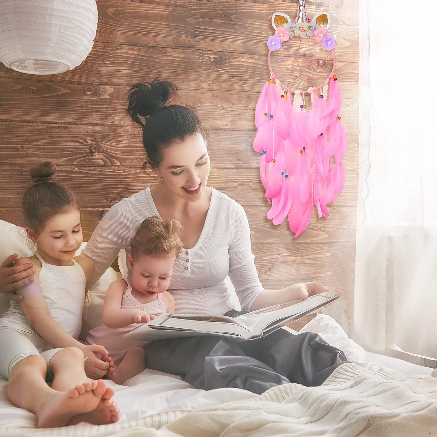 Basumee Unicorn Dream Catcher Wall Decor Cute Feather Dreamcatcher Wall Hanging for Bedrooms Party, Light Pink