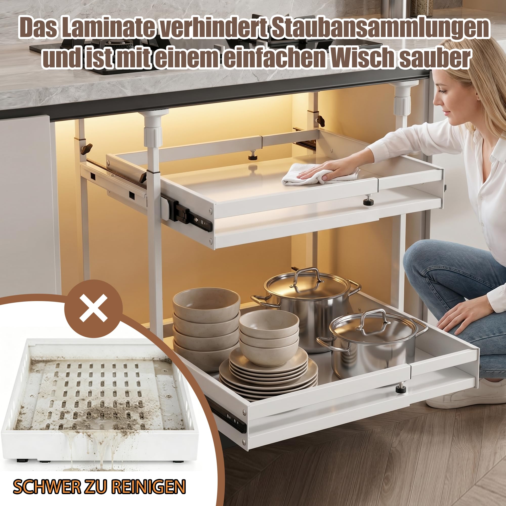 AQRA 2 Stück Teleskopschublade Küche ohne Bohren und Kleben, Auszug Küchenschrank, Höhenverstellbar 52.5–93 cm und Breitenverstellbar 33–52 cm, Metall Ausziehbare Schrankkorb für Küche, Bad, Weiß