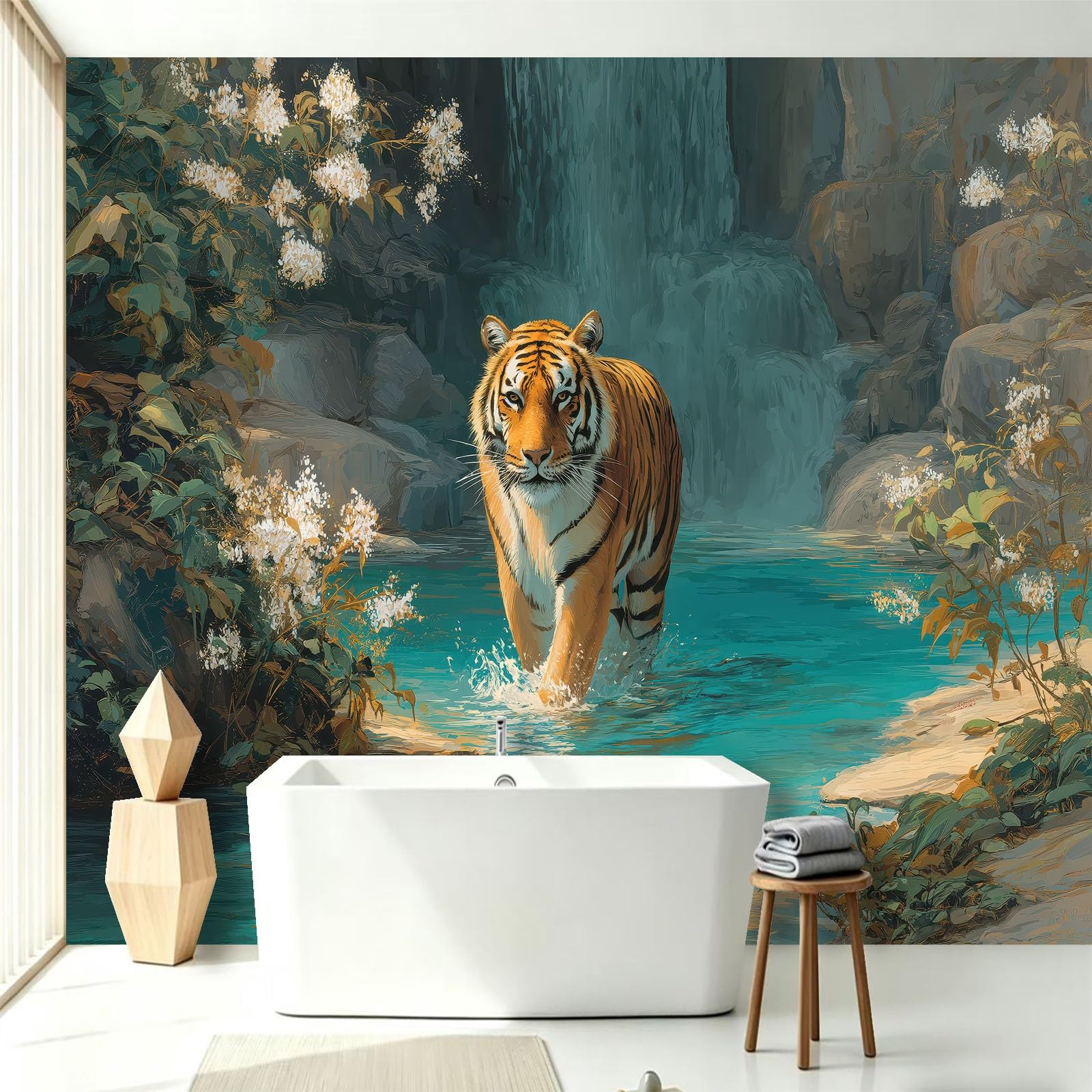 Générique Tapeta z włókniny z naturalnego kwiatu dżungli, 200 x 140 cm, tapeta z motywem zwierzęcia 3D tygrys panoramiczny obraz, łatwa do zainstalowania dekoracja ścienna do salonu, sypialni, kuchni