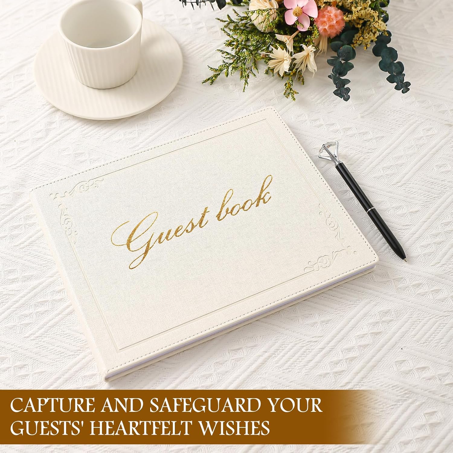 8x10 Inch Wedding Guest Book - 120 Blank & Lined Pages, Gold Foil PU Leather Hardbound Cover, Durable Sewn Binding (White Blank)