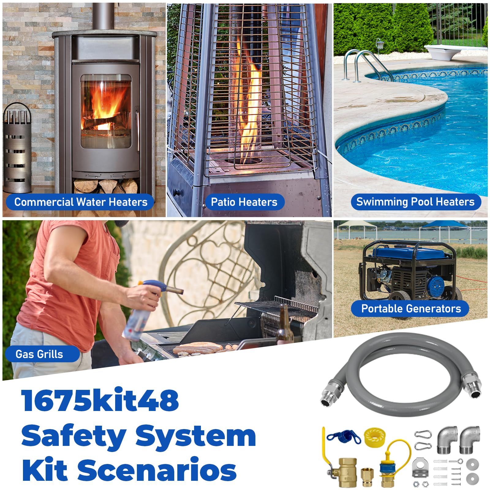 1675KIT48 - Kit de sistema de seguridad, 3/4 pulgadas de diámetro interior, 4 pulgadas de longitud, incluye 2 codos, accesorio de desconexión rápida de 3/4 pulgadas, manguera de aire, válvula de gas