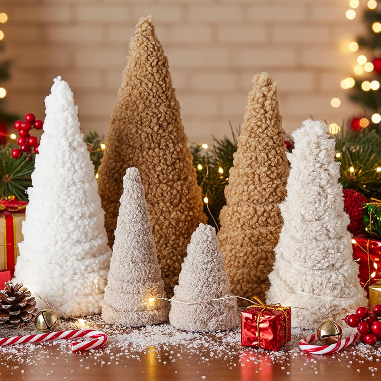6 Pieces Christmas Wool Plush Tree Table Decor 2.36-12.6 Inch Neutral Xmas Cone Trees Set Christmas Plush Fur Trees for Home Fireplace Shelf Desk Xmas Holiday Winter Decoration